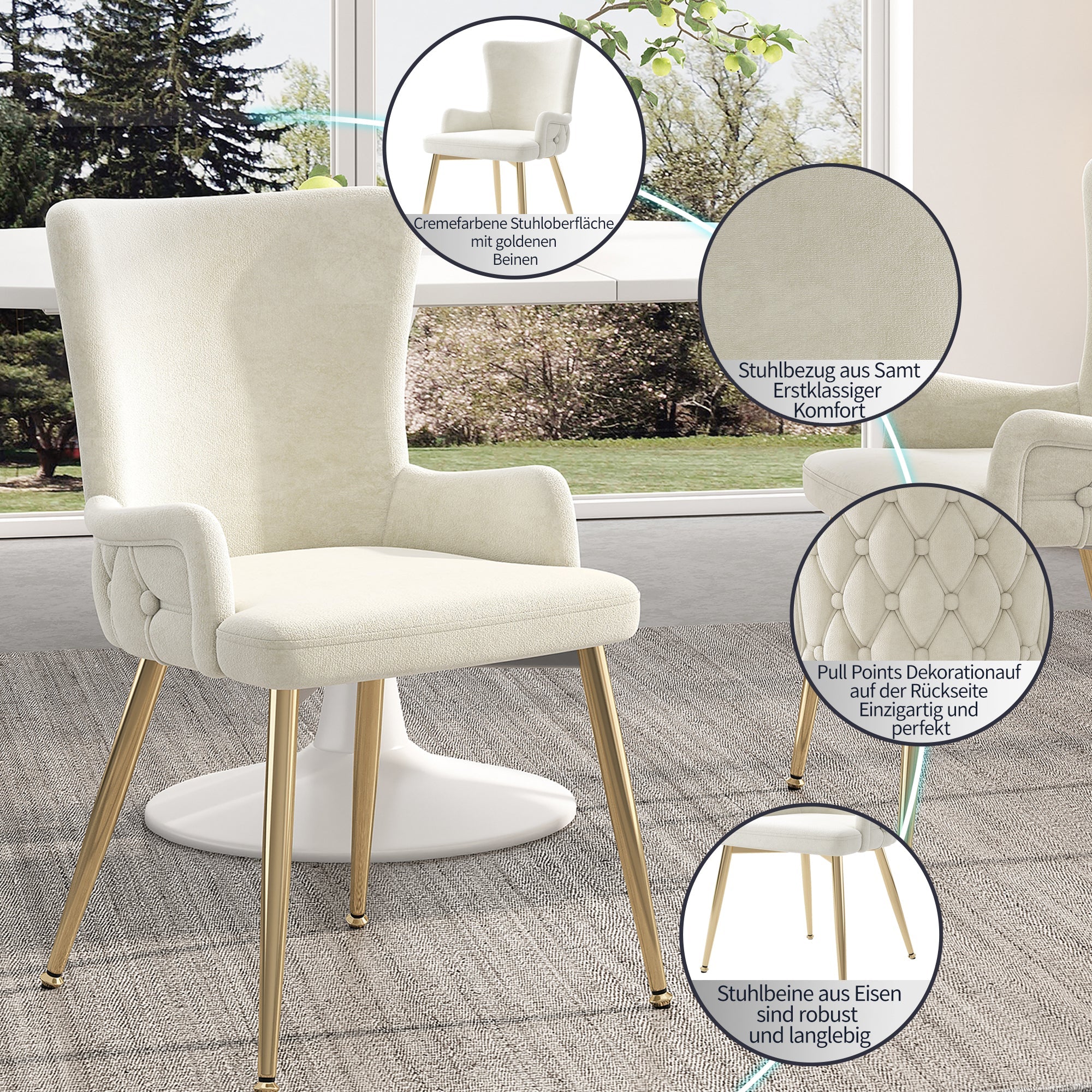 Velvet Dining Chair, Set of 6, Gold Metal Legs, Beige - Image 4