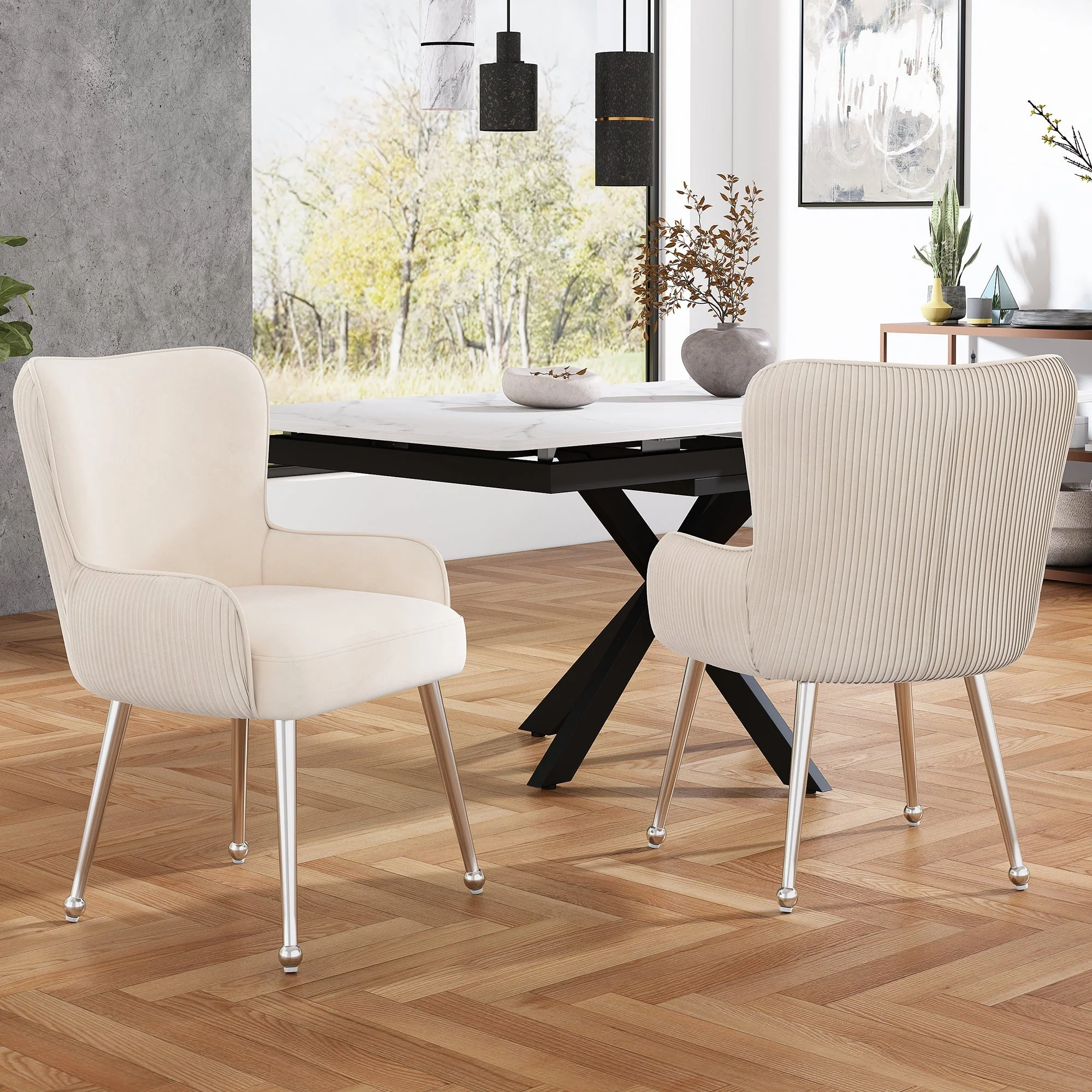 Velvet Dining Chair Set of 6 Lounge Armrests Lumbar Support - Beige Velvet - Image 3
