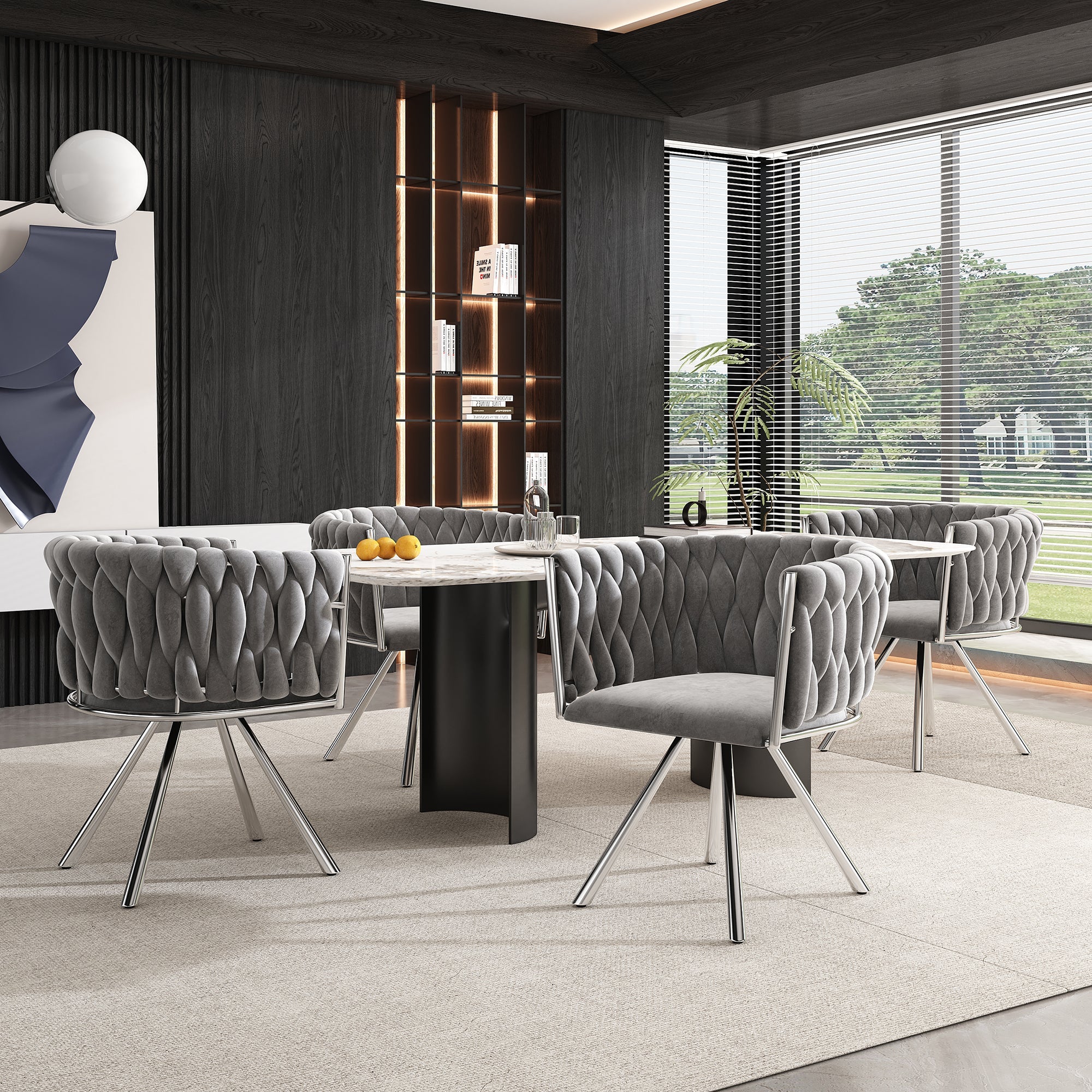 Velvet Dining Chair Set of 6 Swivel Leisure Metal Legs Grey Silver - Image 5