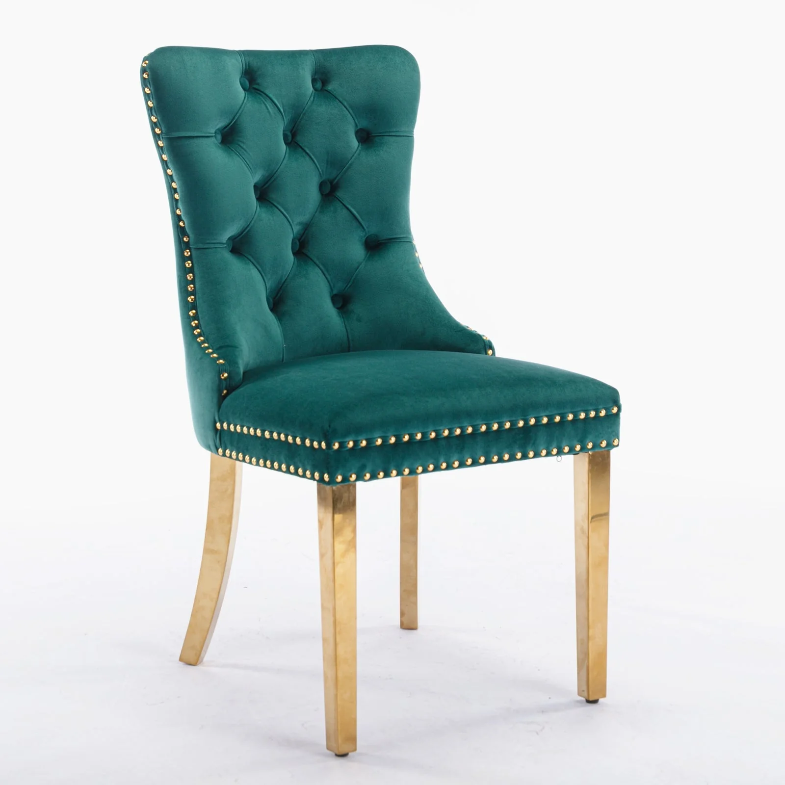 Velvet Dining Chair Tufted Solid Wood Golden Legs Set of 2 - Green - Image 3