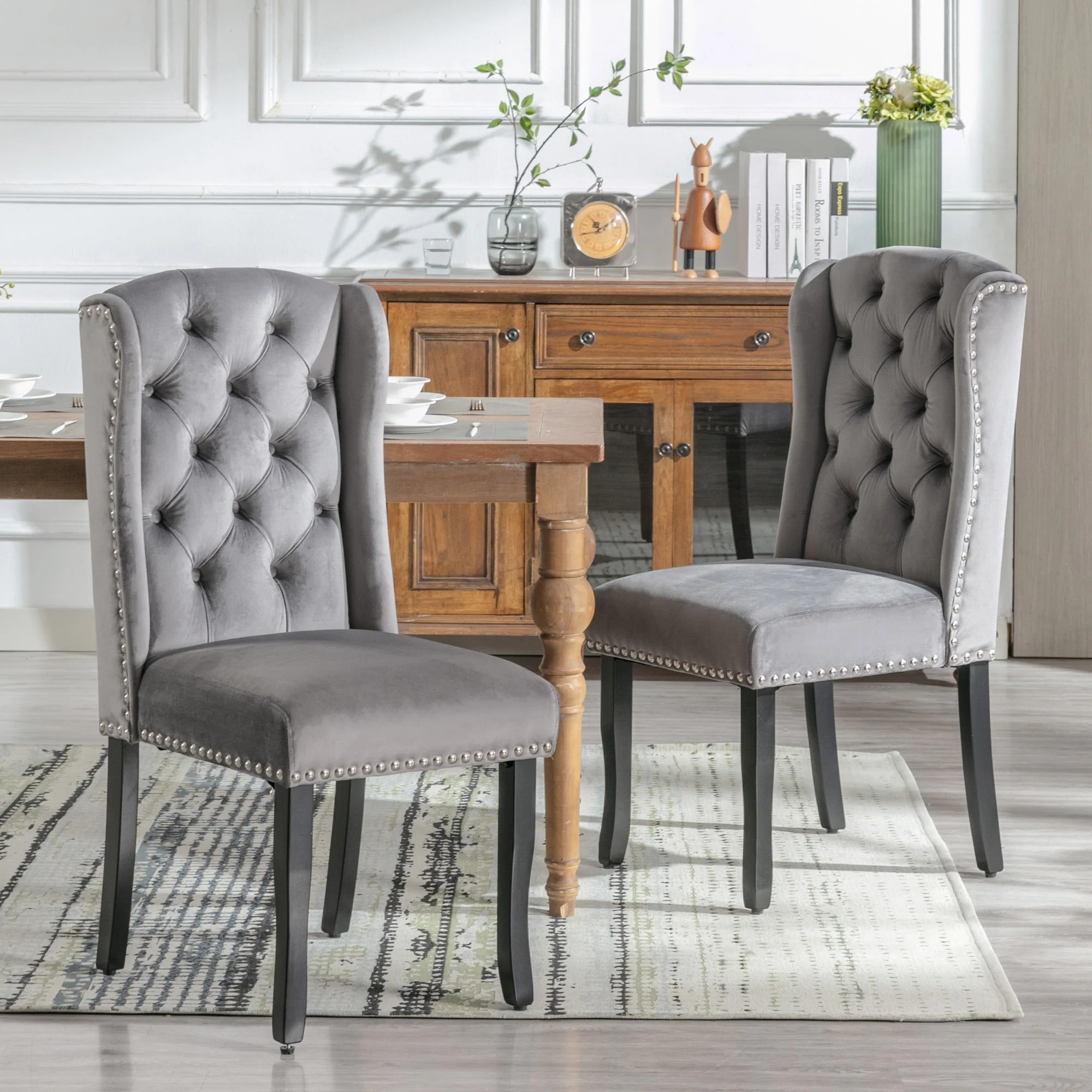 Velvet Dining Chairs Set of 2 Oak Legs Nailhead Trim - Grey