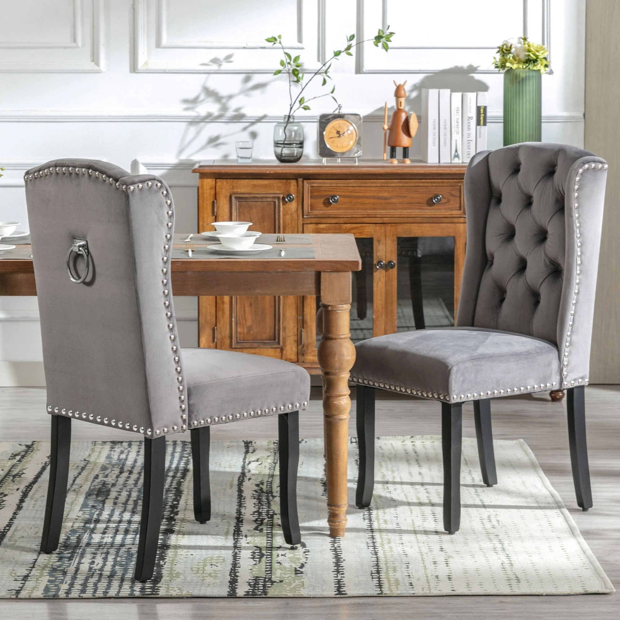 Velvet Dining Chairs Set of 2 Oak Legs Nailhead Trim - Grey - Image 3