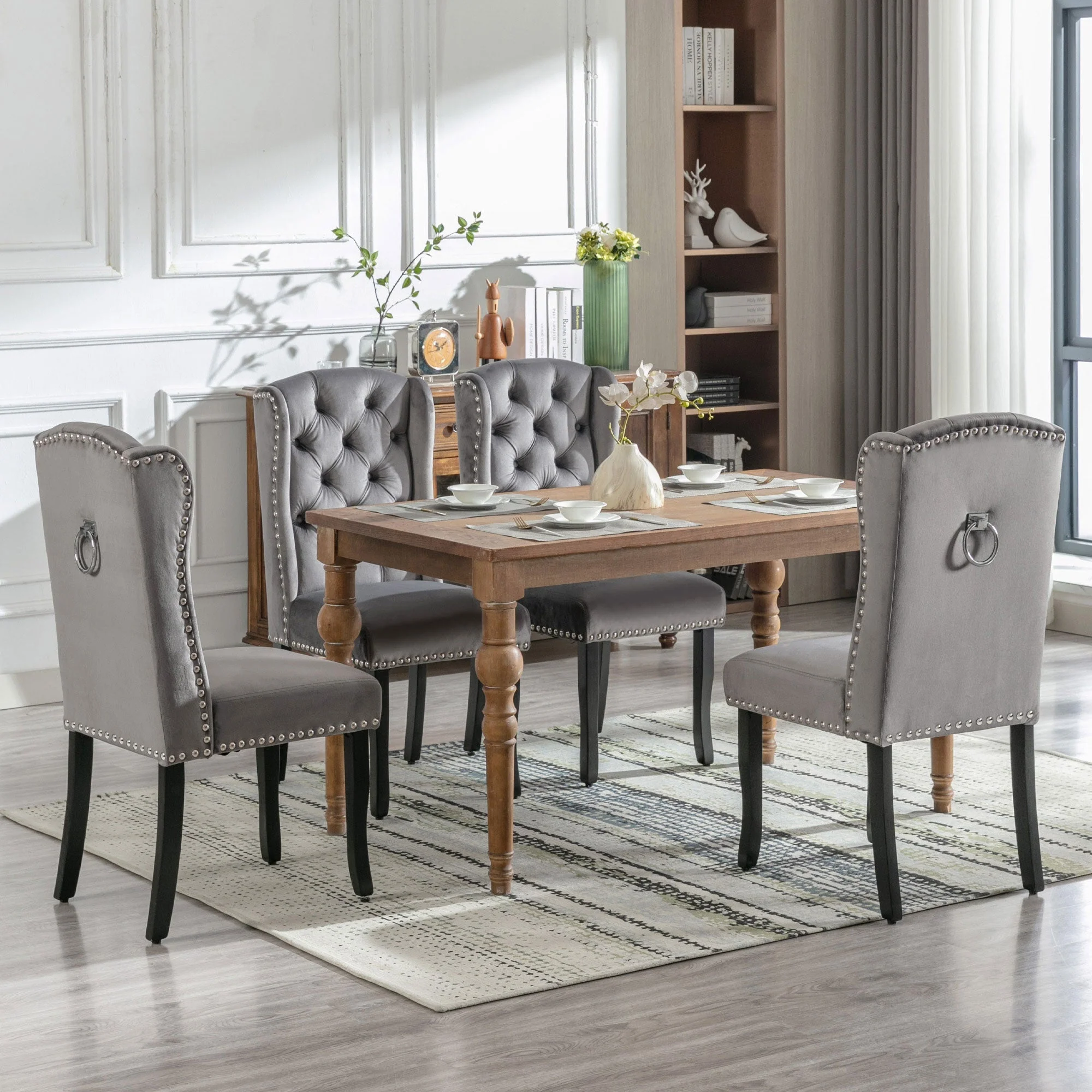 Velvet Dining Chairs Set of 2 Oak Legs Nailhead Trim - Grey - Image 4