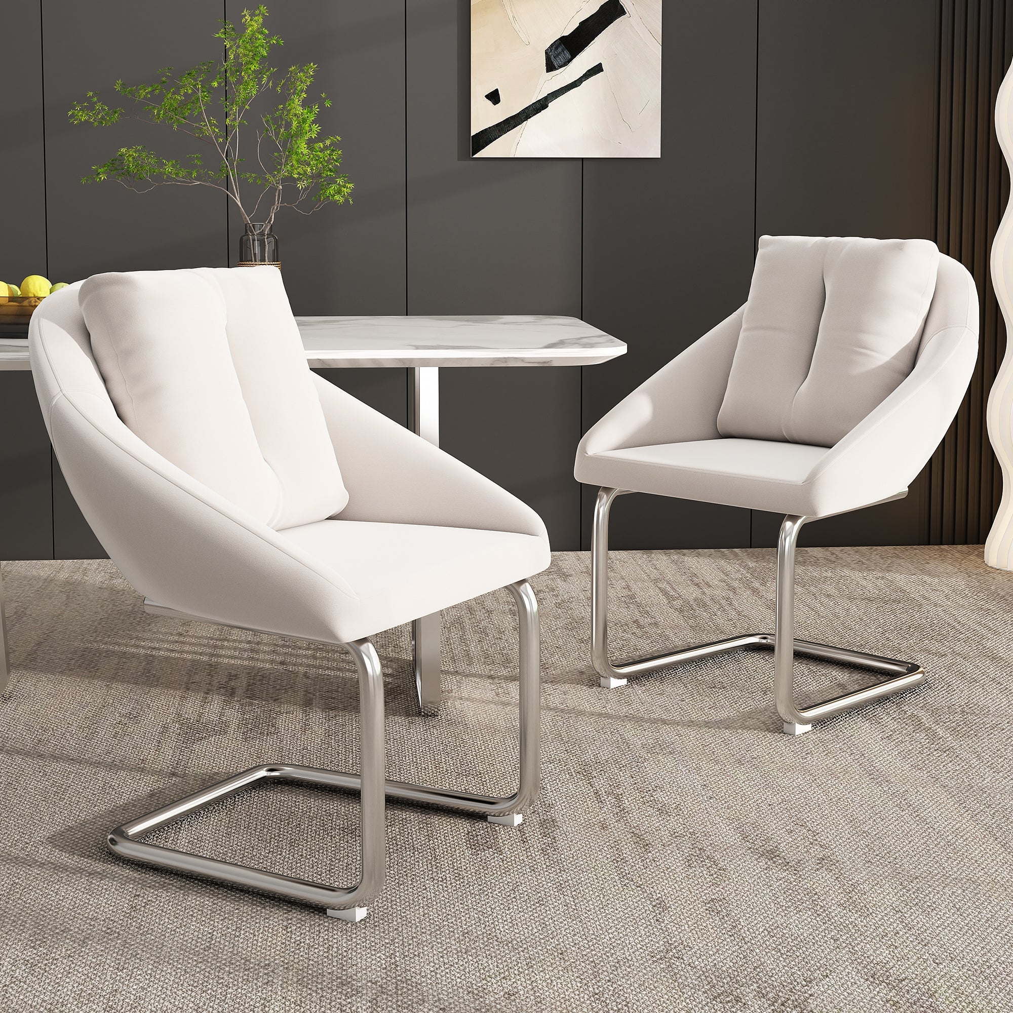 Velvet Dining Chairs, Set of 2 with Cushions, Curved Legs, Beige