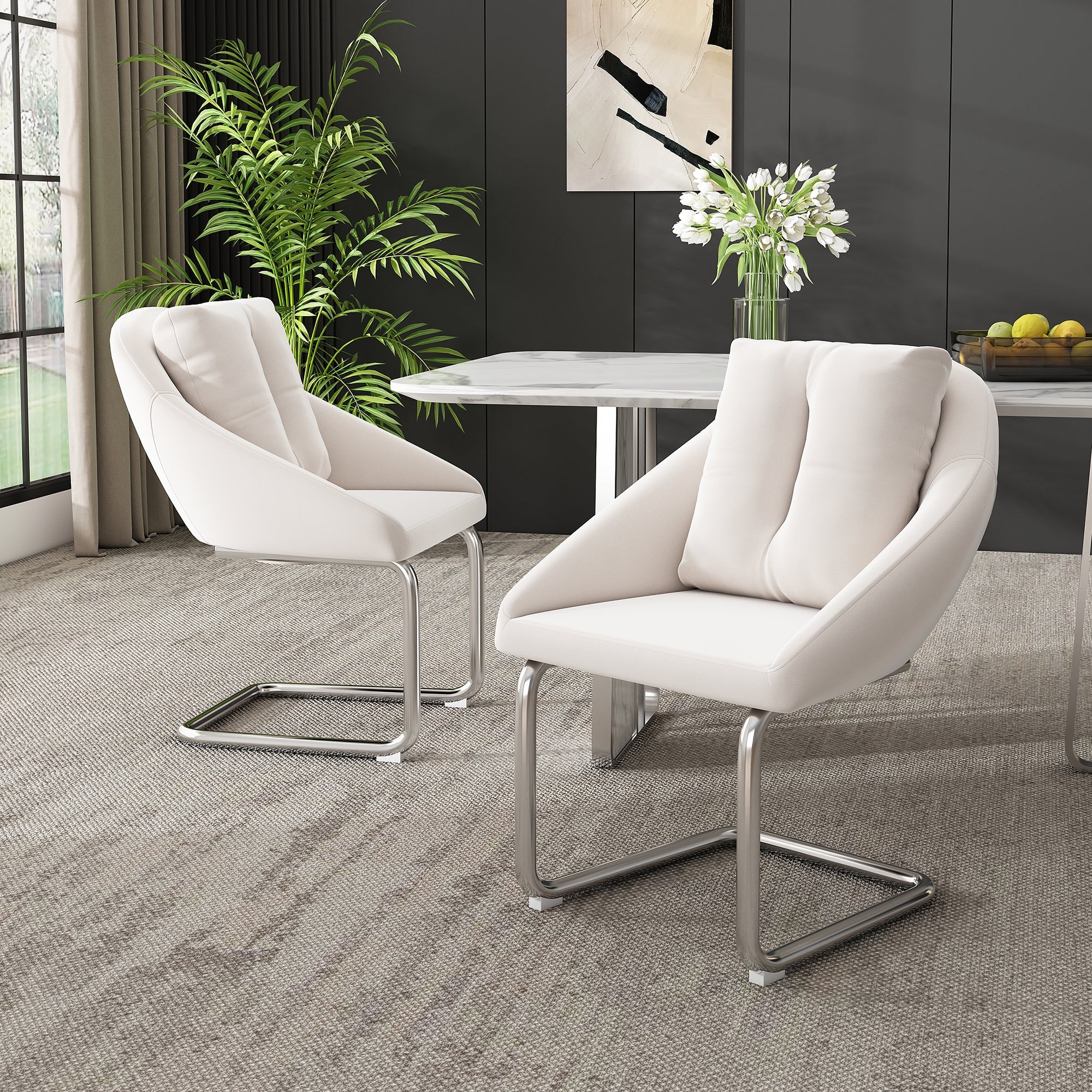 Velvet Dining Chairs, Set of 2 with Cushions, Curved Legs, Beige - Image 2