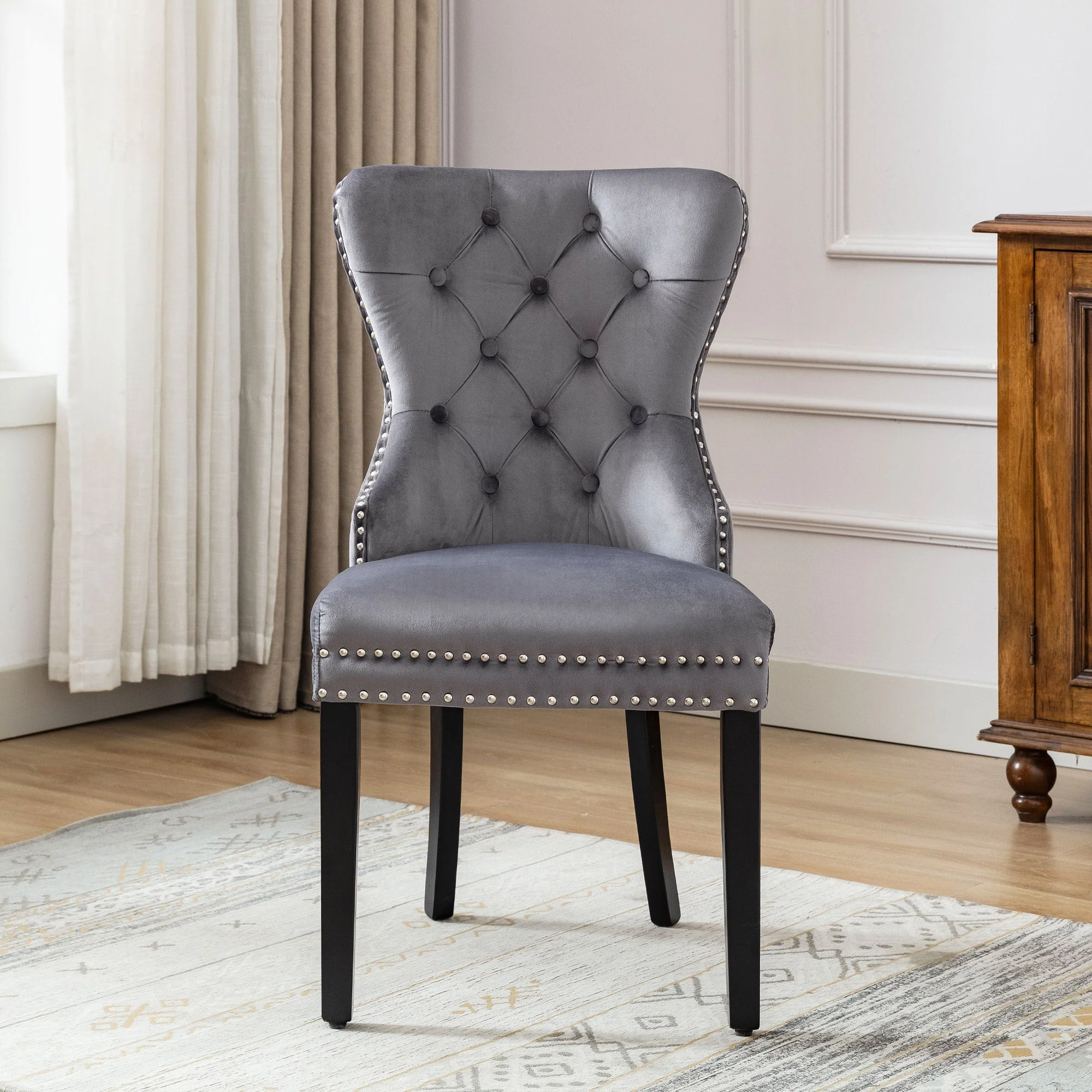 Velvet Dining Chairs, Set of 4, Oak Legs, Chrome Knocker, Nailhead Trim (Grey) - Image 6