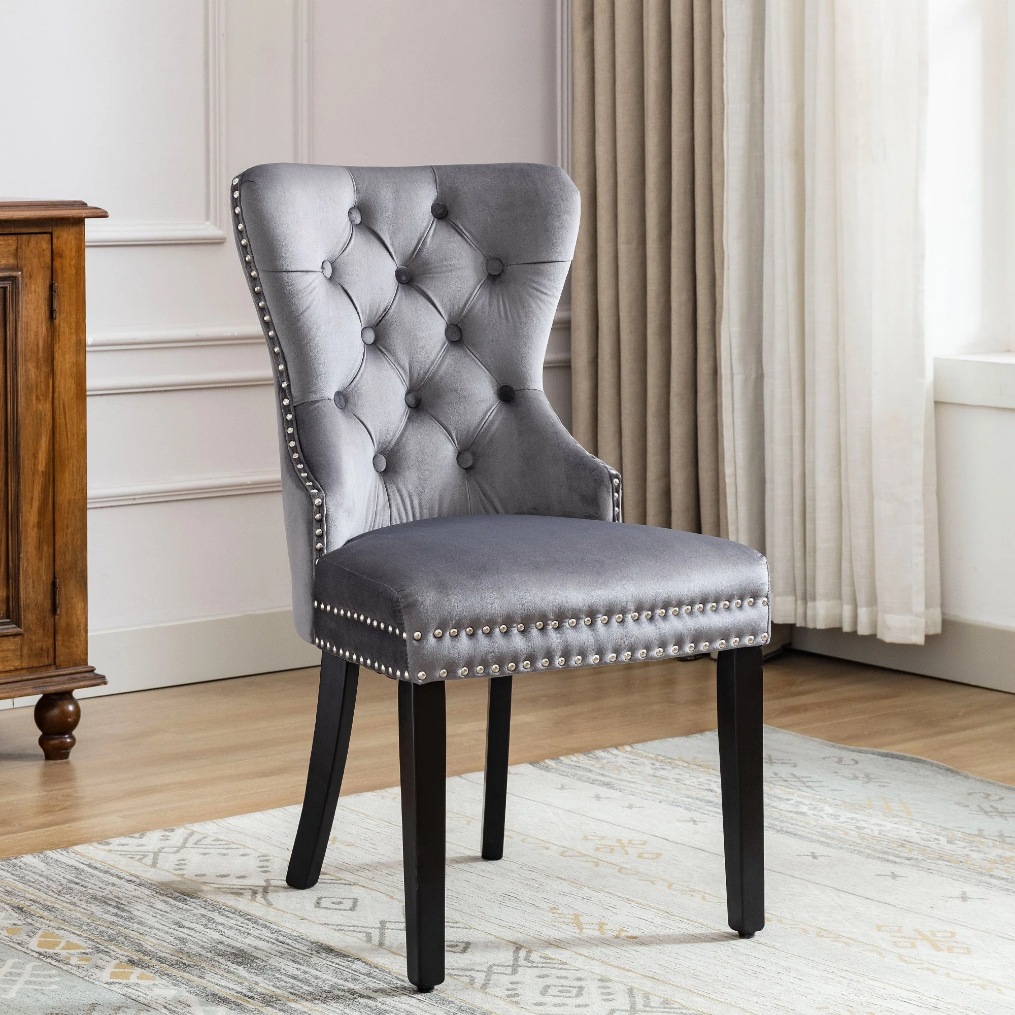 Velvet Dining Chairs, Set of 4, Oak Legs, Chrome Knocker, Nailhead Trim (Grey) - Image 9