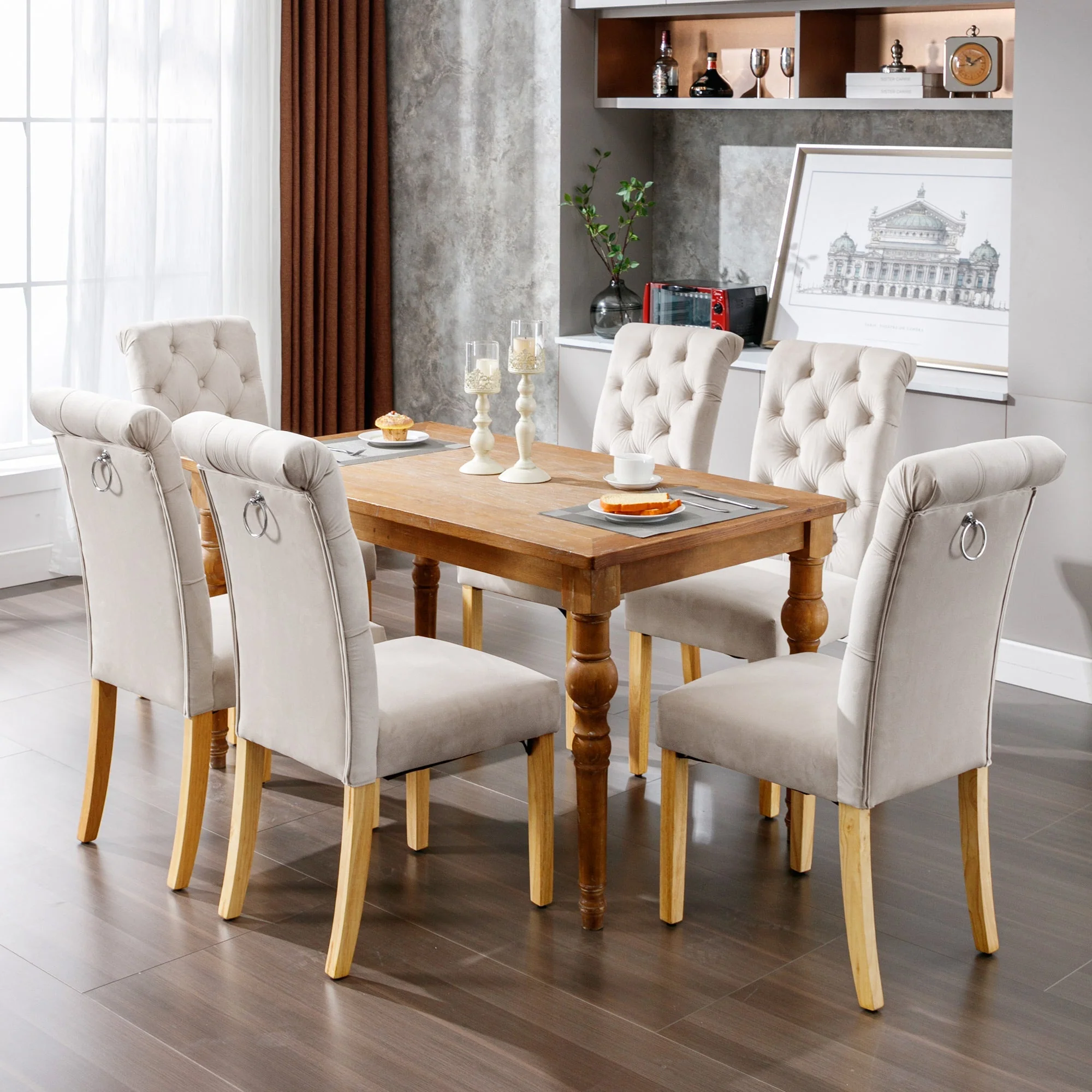 Velvet Dining Chairs Set of 4 with Oak Legs and Chrome Knocker Beige - Image 4