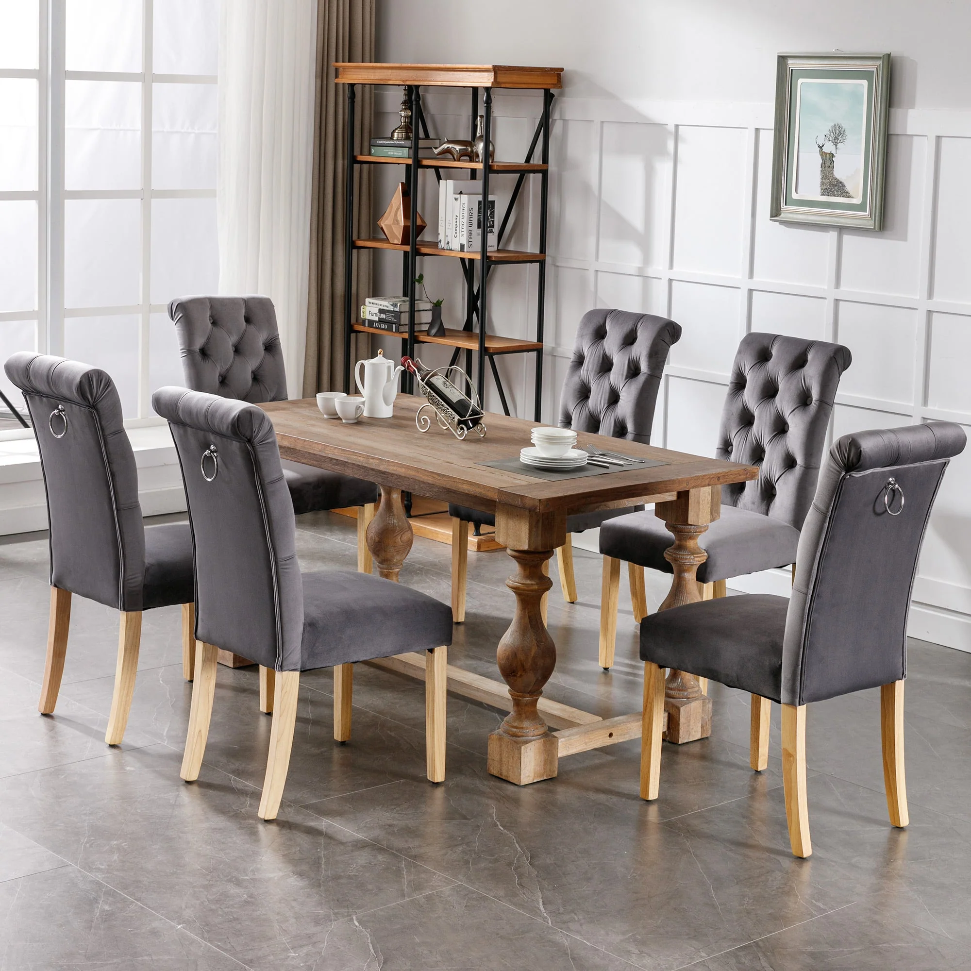 Velvet Dining Chairs Set of 4 with Oak Legs, Button Back and Chrome Knocker, Grey Velvet - Image 3