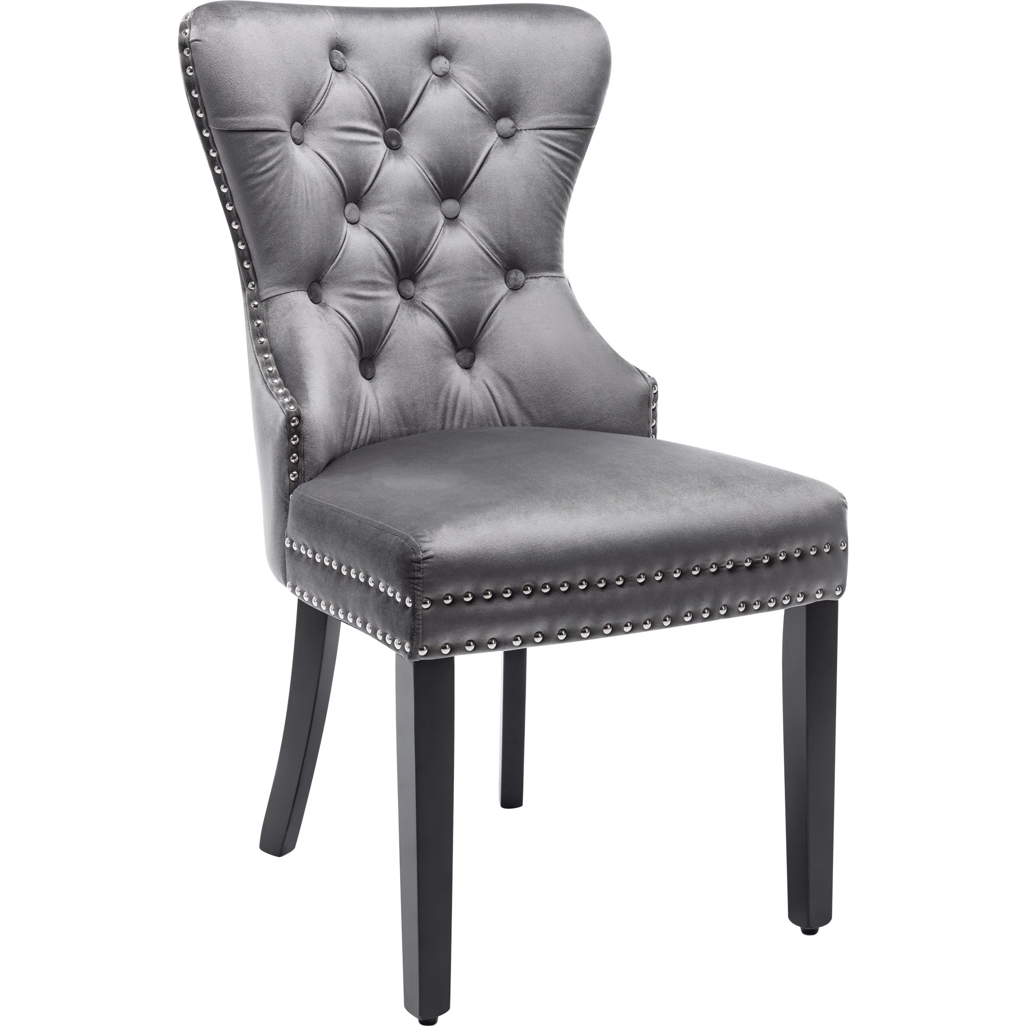 Velvet Dining Chairs Set of 4 with OAK Legs, Button, Chrome Knocker, Nailhead Trim, Grey - Image 5