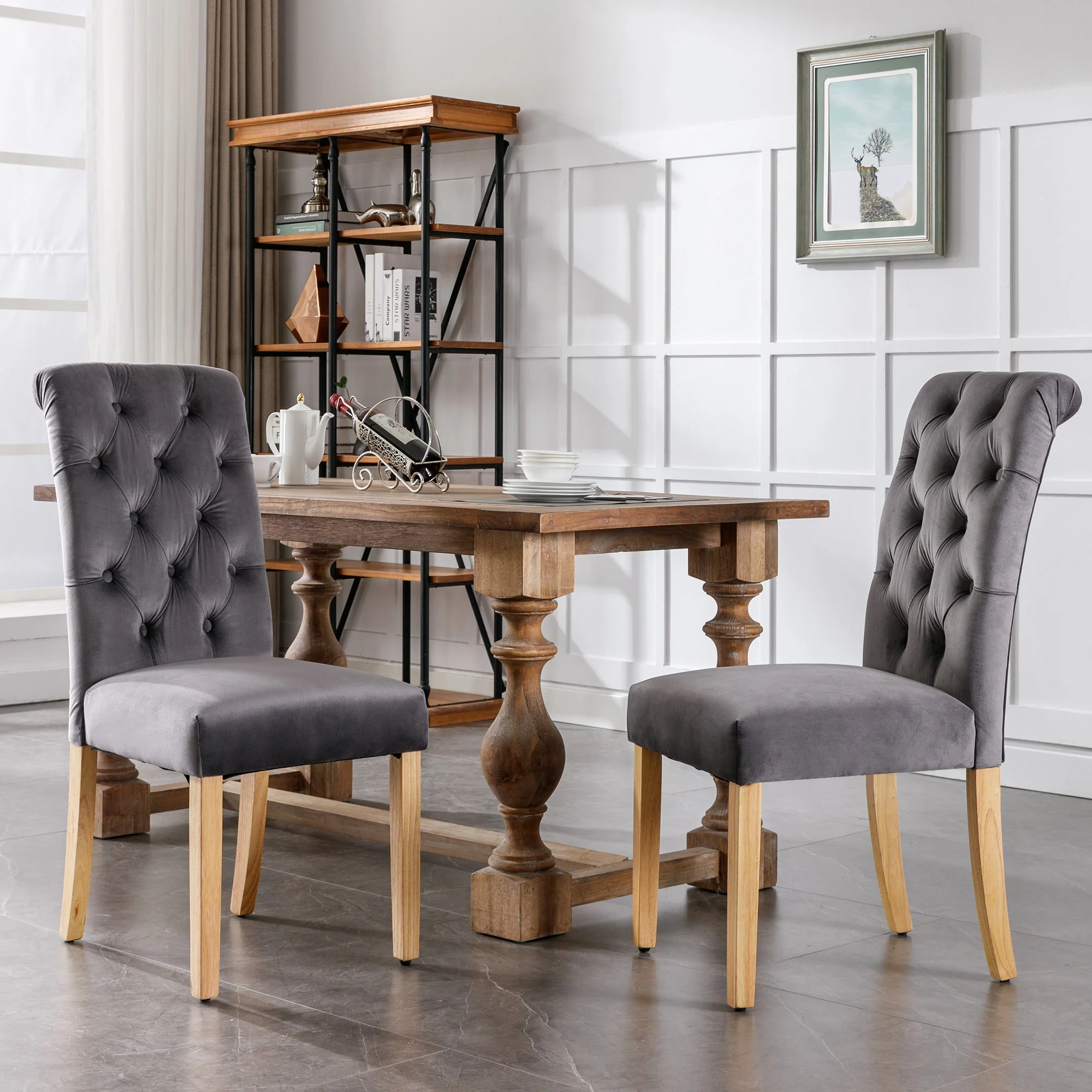 Velvet Dining Chairs, Set of 6, Oak Legs, Chrome Knockers, Grey - Image 3