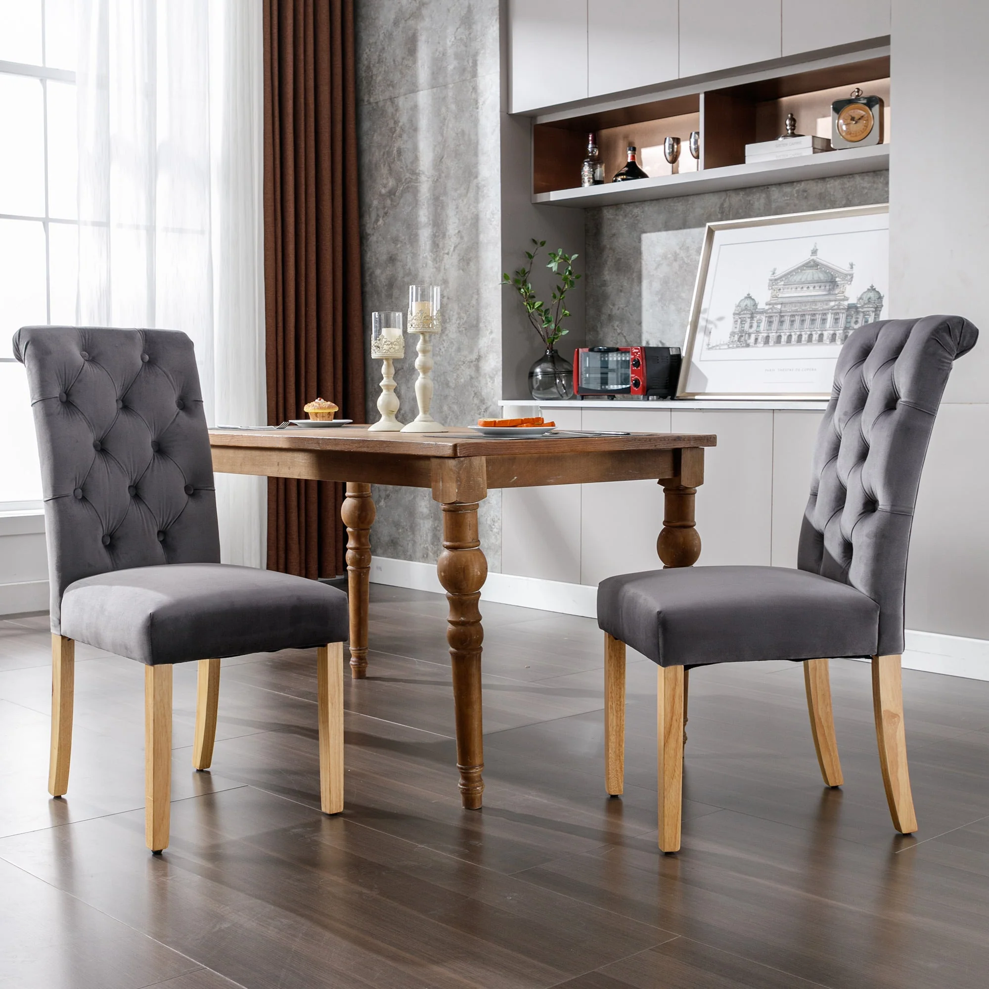 Velvet Dining Chairs, Set of 6, Oak Legs, Chrome Knockers, Grey - Image 4