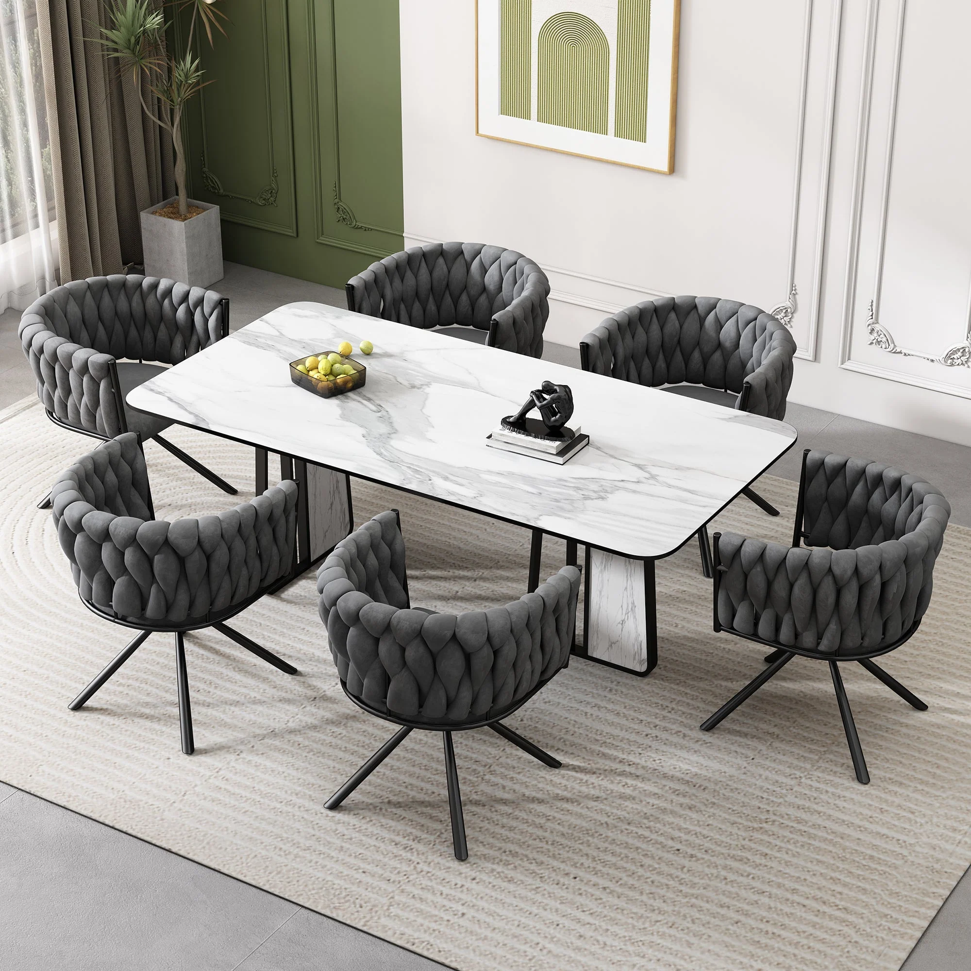 Velvet Dining Chairs, Set of 6, Swivel with Metal Legs, Gray