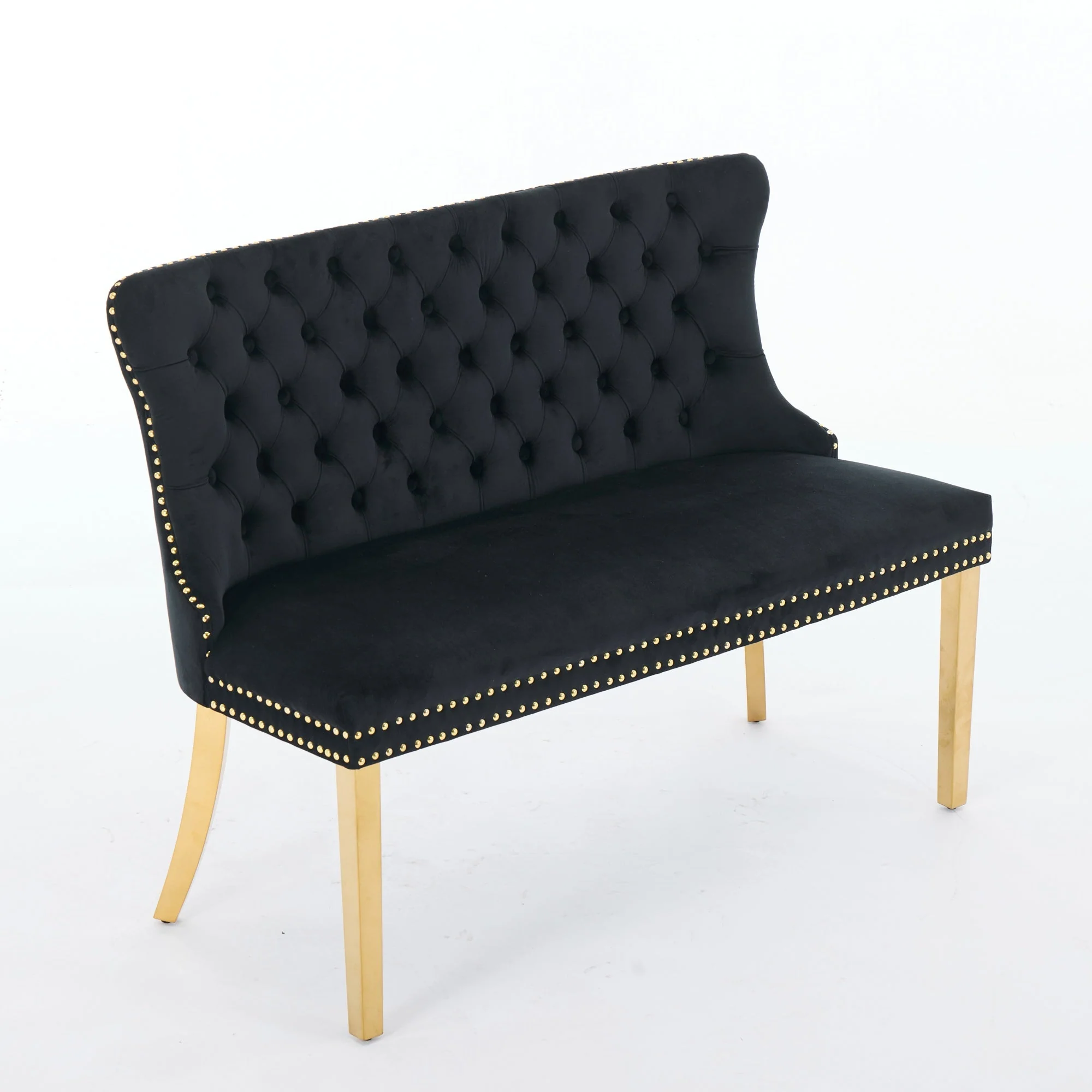 Velvet Dining Loveseat Bench, 2-Seat Tufted Wing Back Gold-Plated Steel Legs, Black Velvet - Image 4