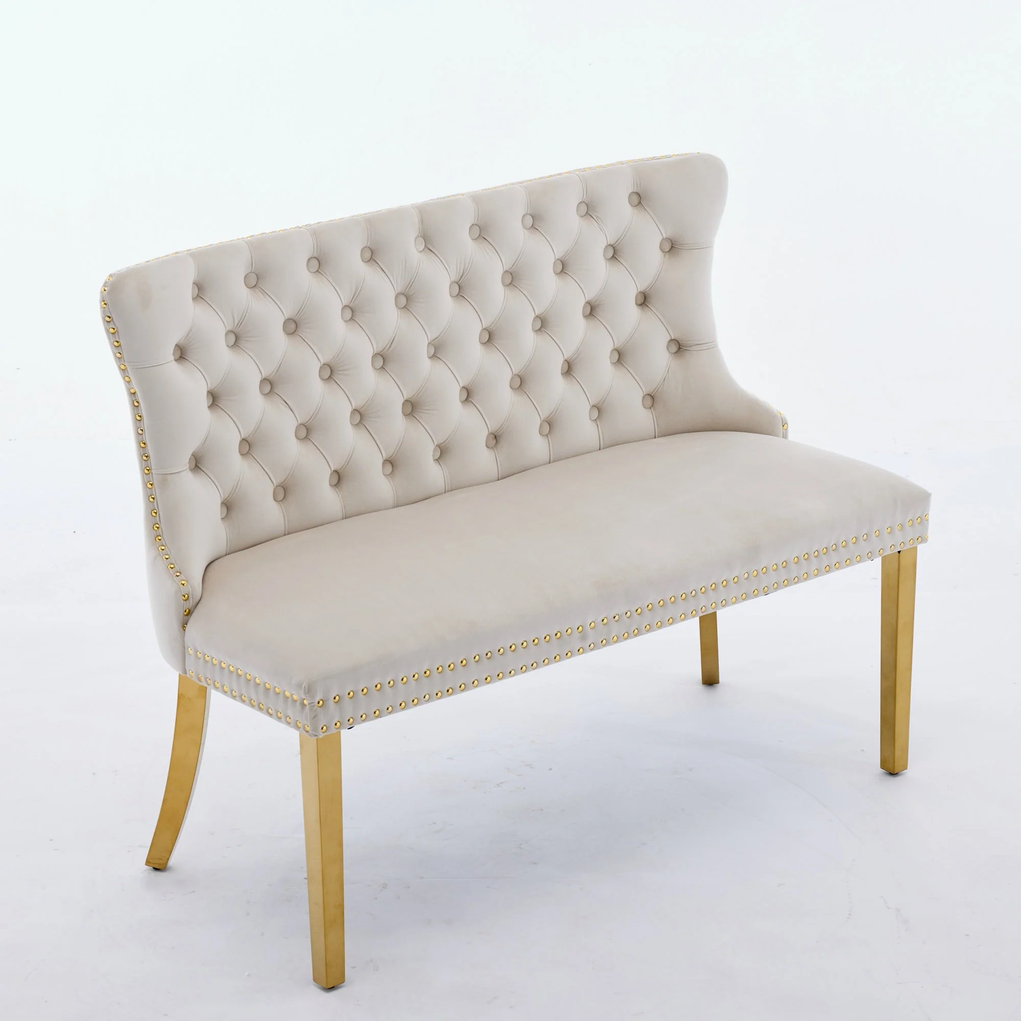 Velvet Double Dining Loveseat Bench, 2-Seat Tufted Wing Back Gold-Plated Steel Legs, Beige Velvet - Image 4