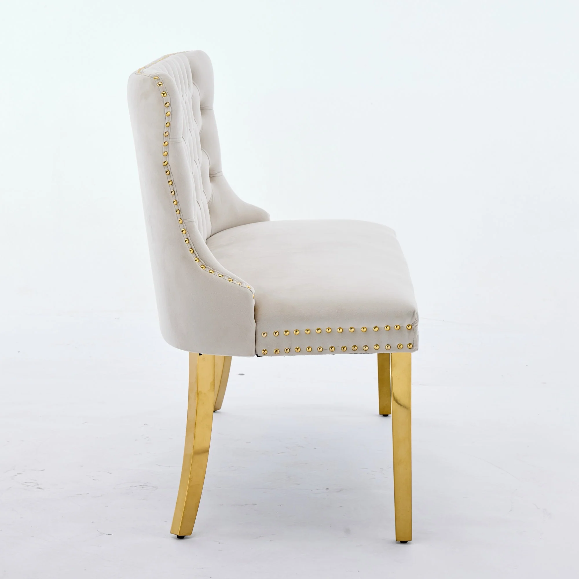 Velvet Double Dining Loveseat Bench, 2-Seat Tufted Wing Back Gold-Plated Steel Legs, Beige Velvet - Image 5