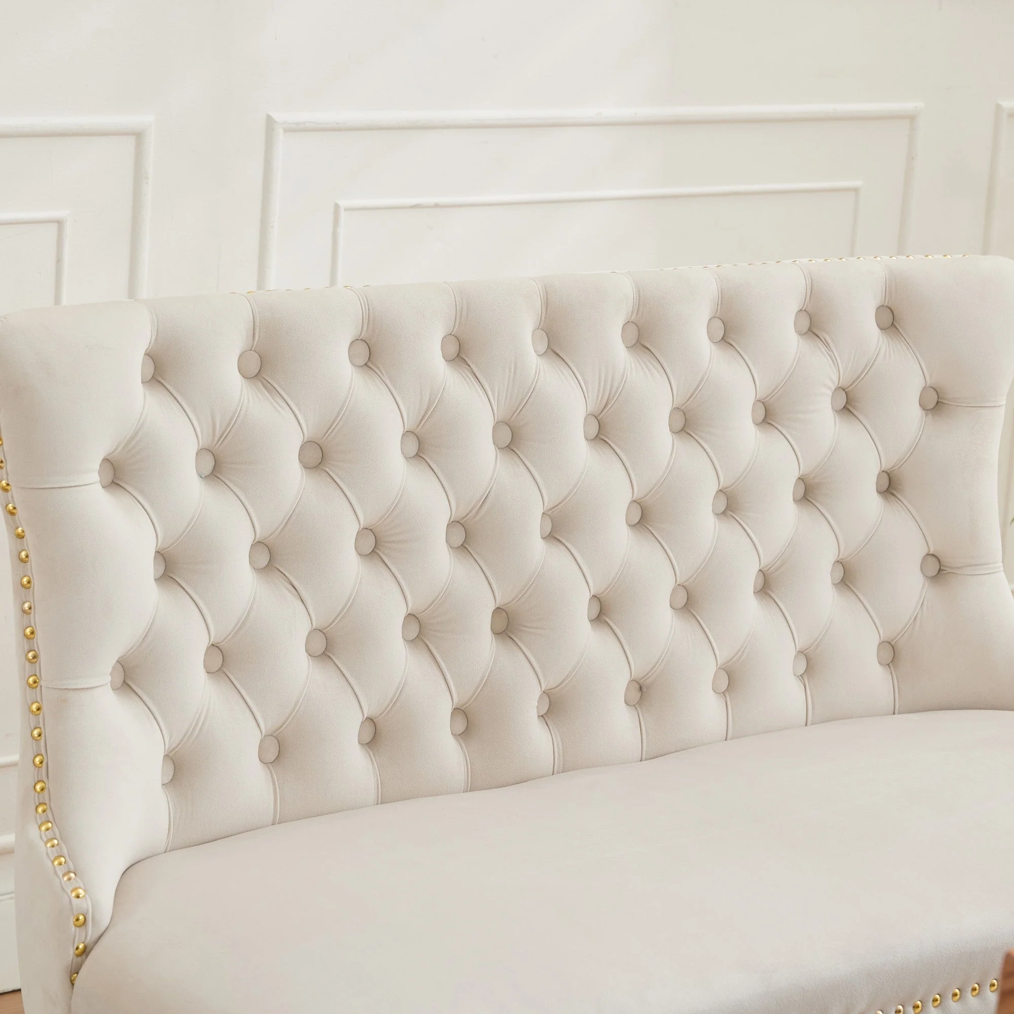 Velvet Double Dining Loveseat Bench, 2-Seat Tufted Wing Back Gold-Plated Steel Legs, Beige Velvet - Image 9