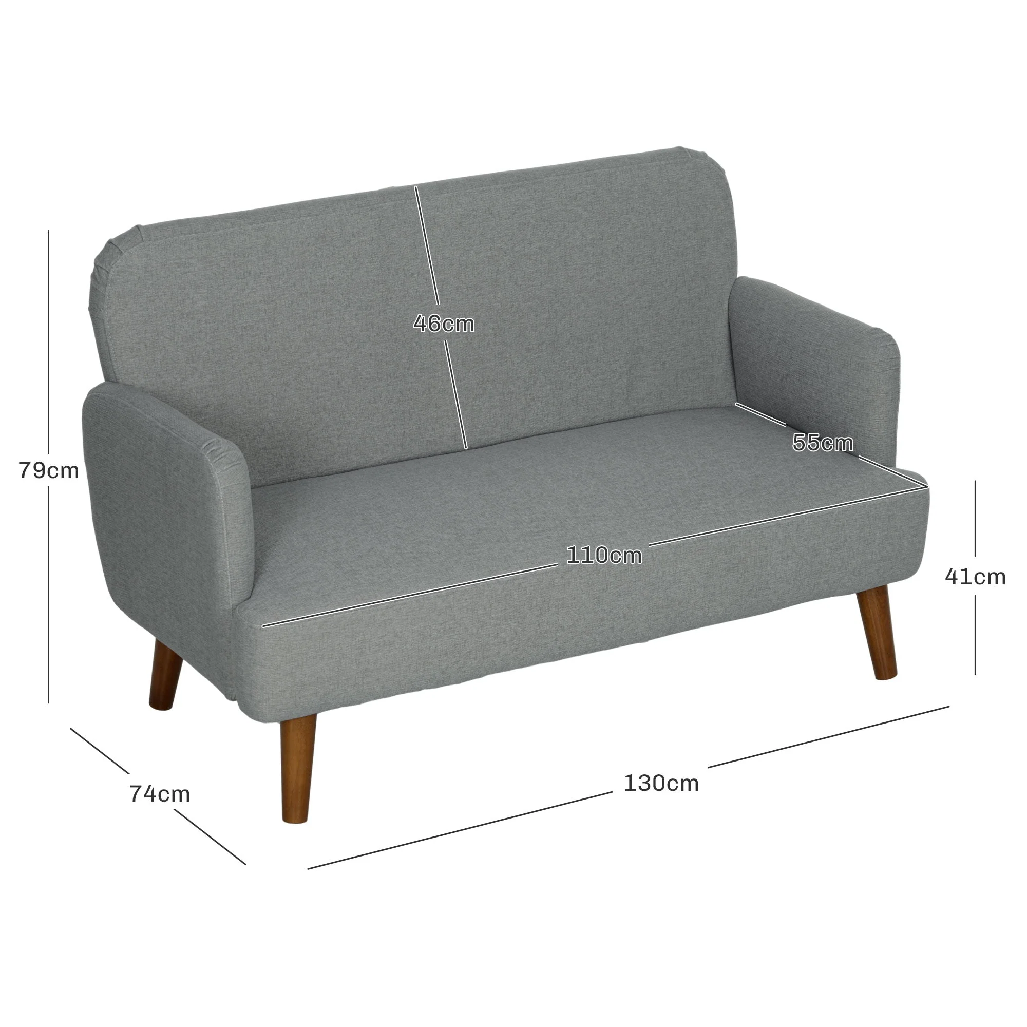 Velvet Feel Fabric 2 Seater Sofa with 21cm Thick Padding and Wood Legs, Grey - Image 3