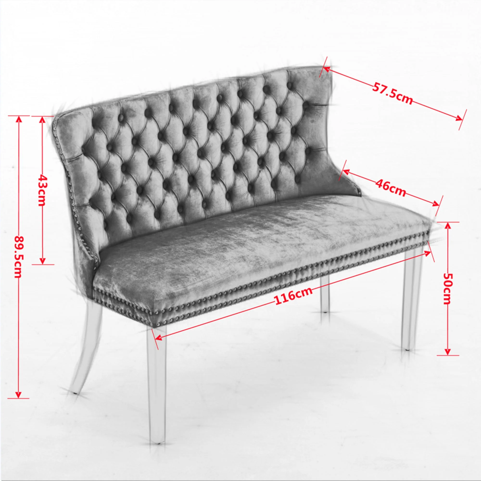 Velvet Loveseat Bench, 2-Seat Tufted Wing Back Mid Century Modern, Gray - Image 8