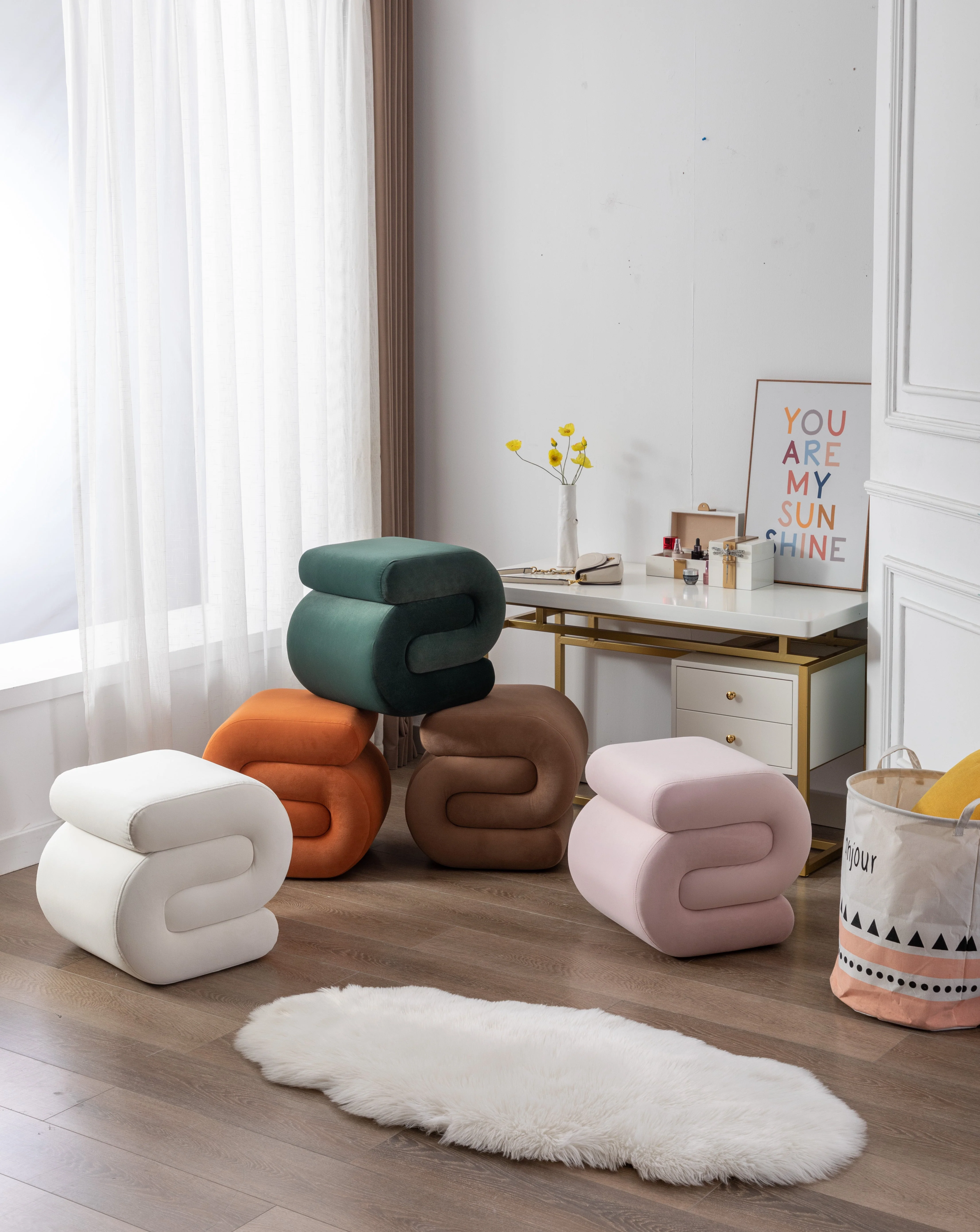 Velvet Ottoman S-shape stool, Wavy Pouf, Ivory White Fabric - Image 2