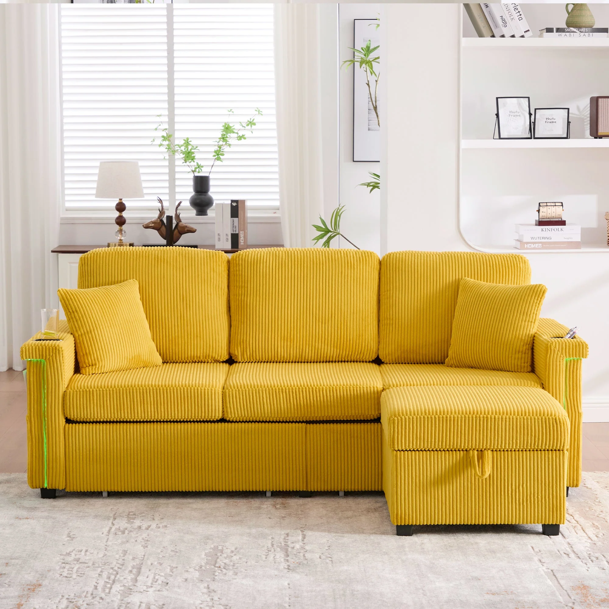 Velvet Sofa, LED Lighting, USB-C Port, Storage Footrest, Cup Holders, Side Pockets, Mustard Yellow - Image 7