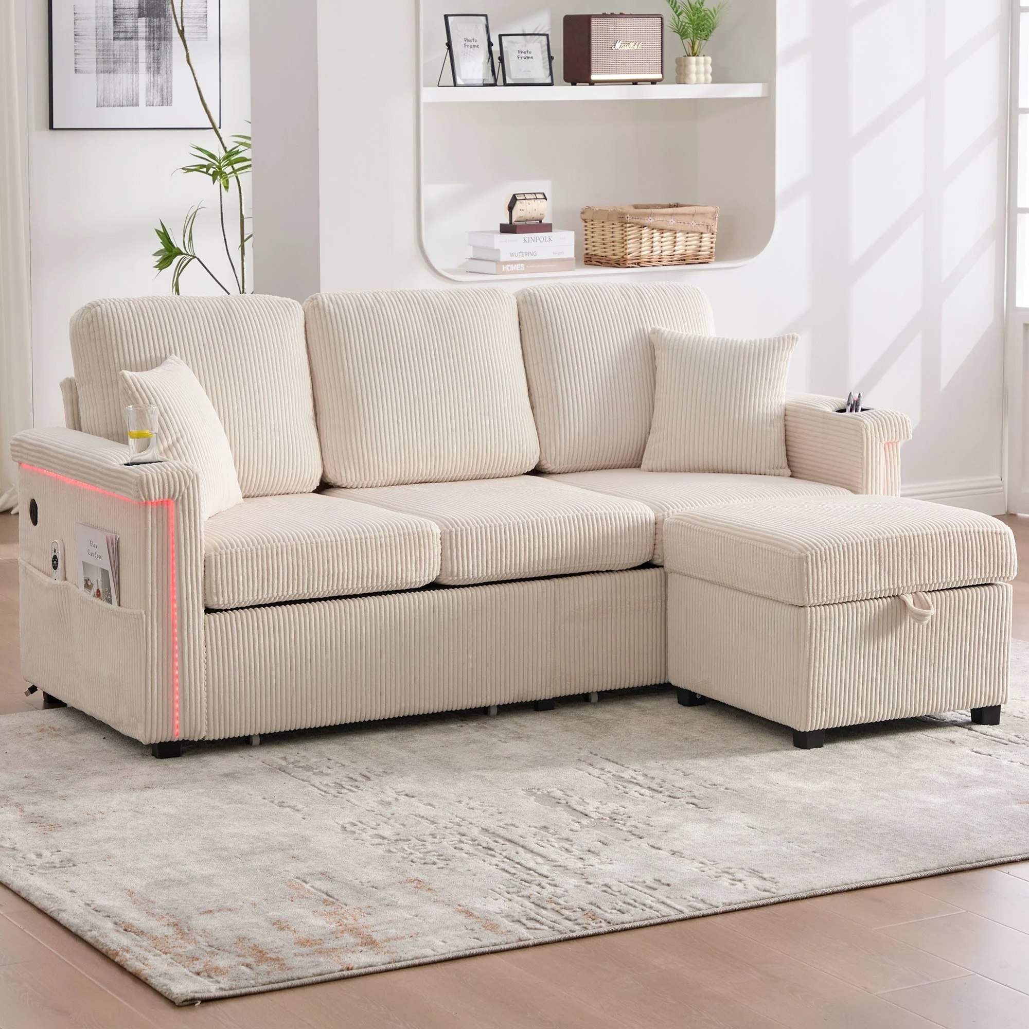 Velvet Sofa, LED USB-C Storage Footrest Cup Holders, Beige - Image 7