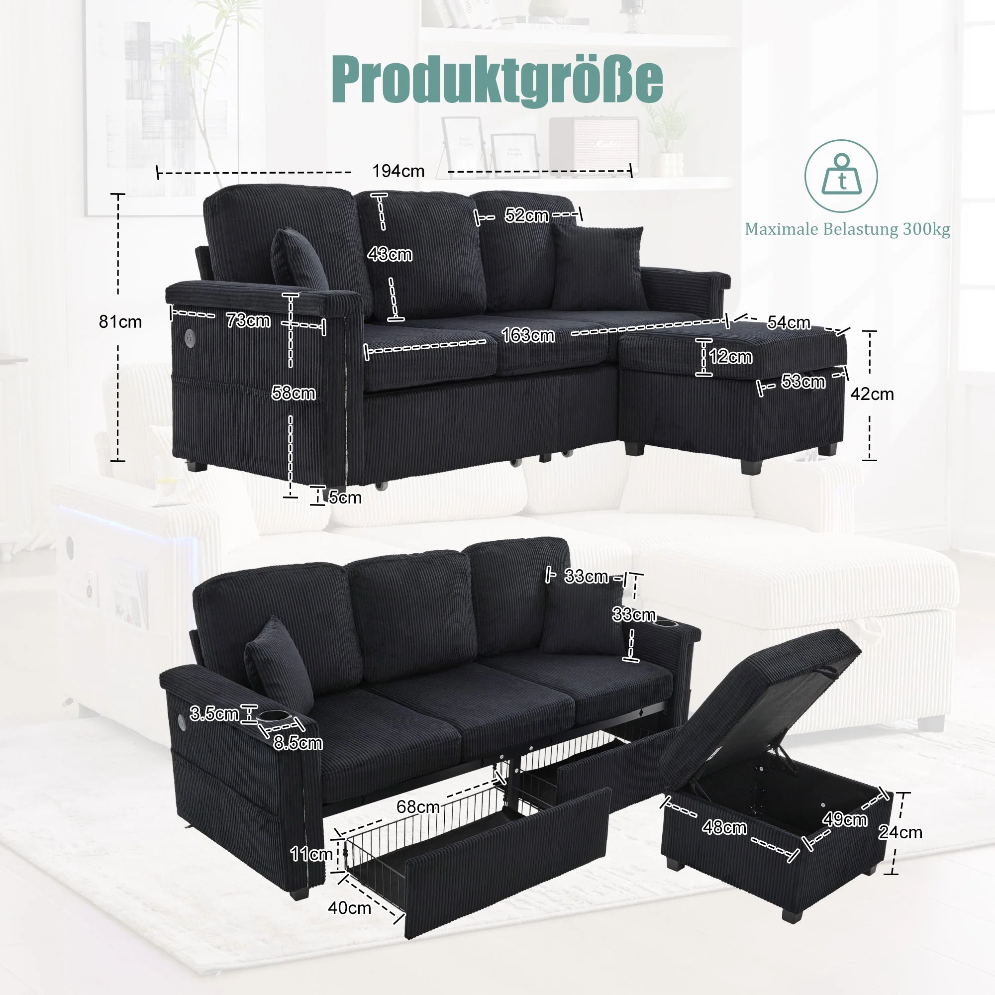 Velvet Sofa with LED & USB-C, Storage Footrest, Cup Holders, Black - Image 2