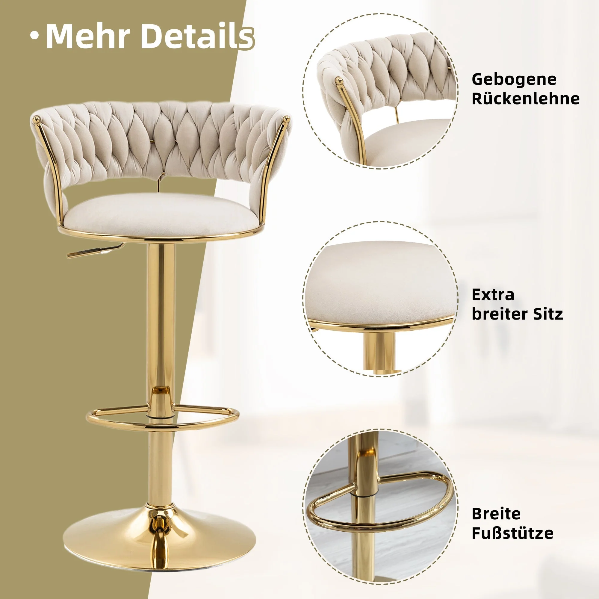 Velvet Swivel Bar Stool 2-Piece Set, Handcrafted Backrest, Adjustable Height, Upholstered - Image 4