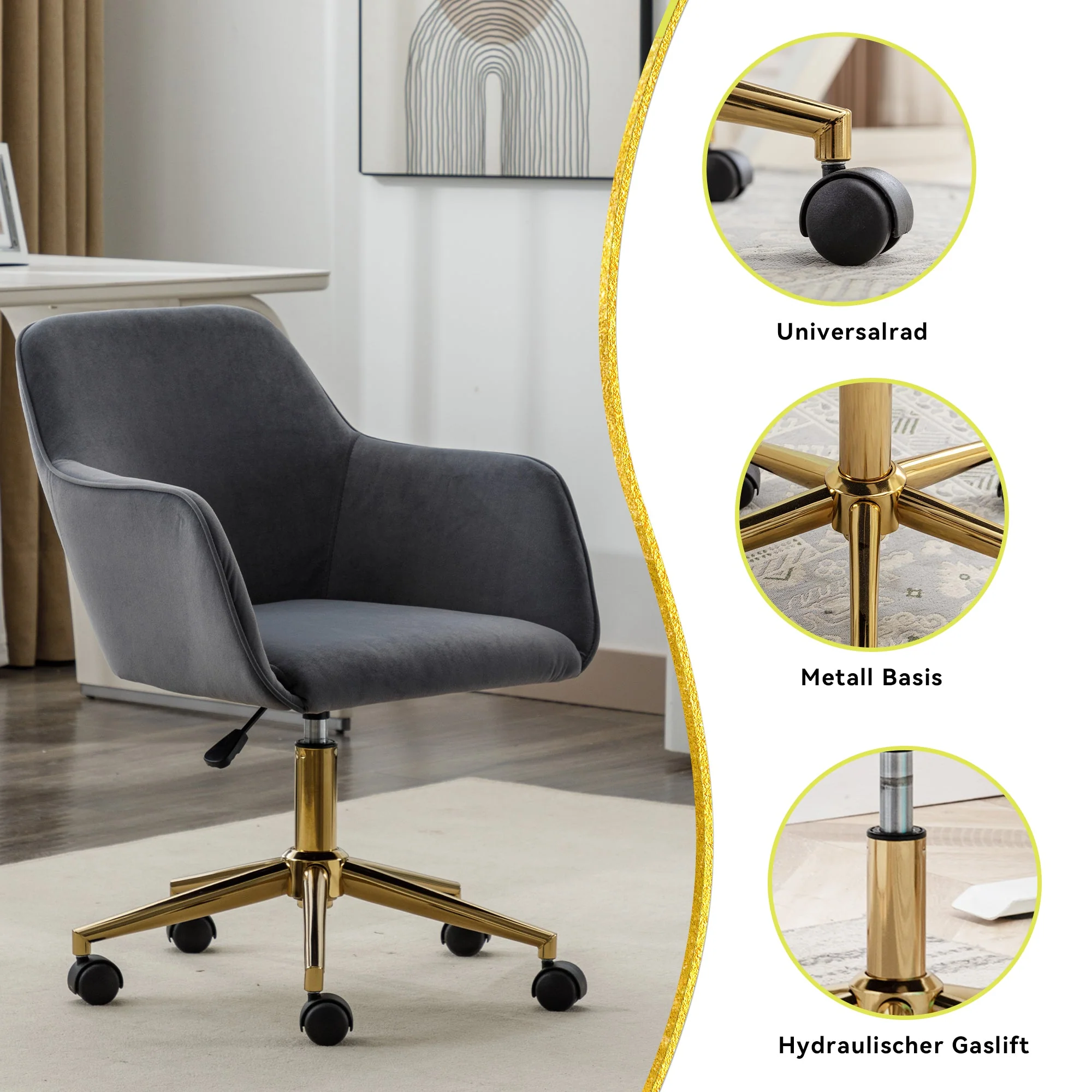 Velvet Swivel Chair, Height-Adjustable for Office Use, Grey with Golden Legs - Image 3