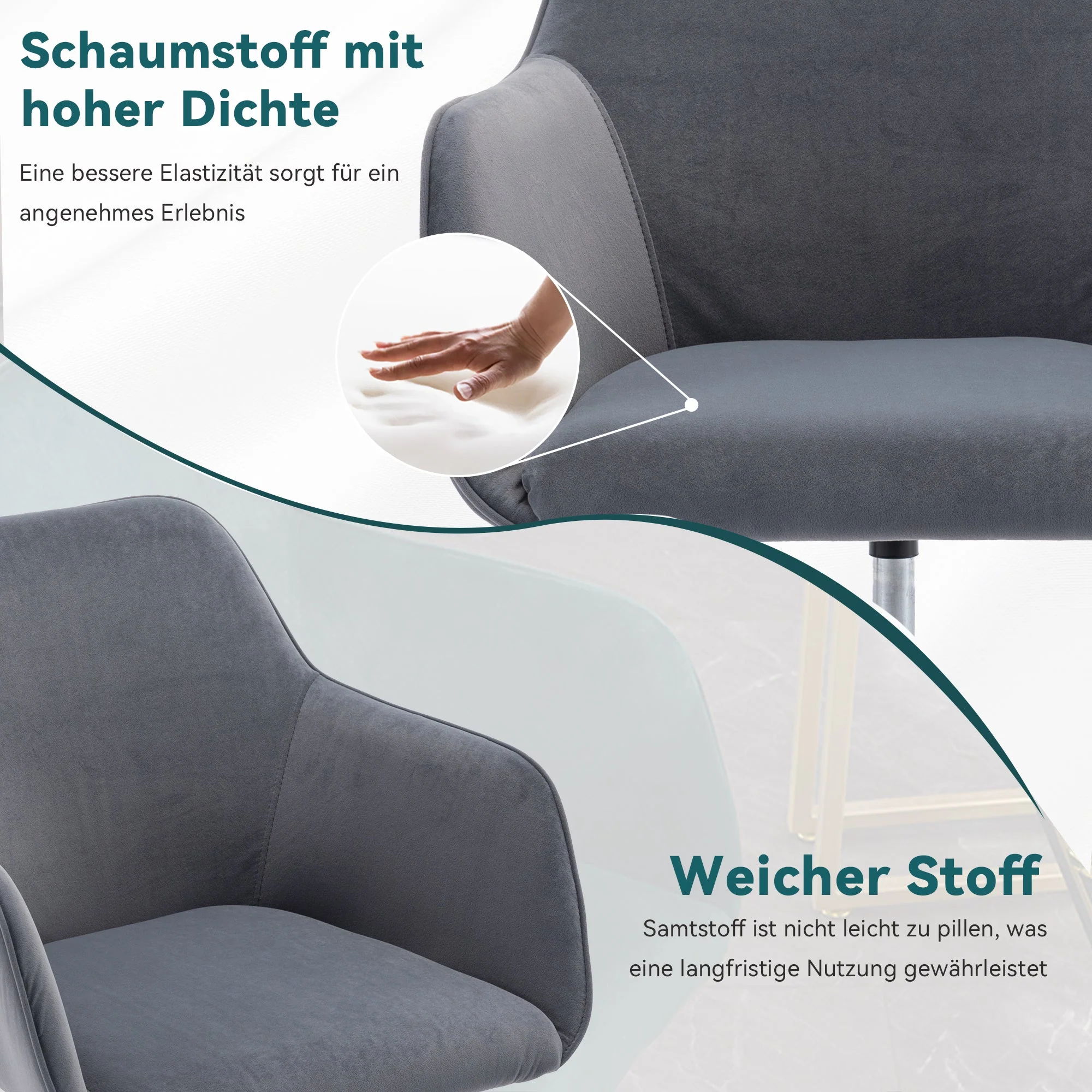Velvet Swivel Chair, Height-Adjustable for Office Use, Grey with Golden Legs - Image 4