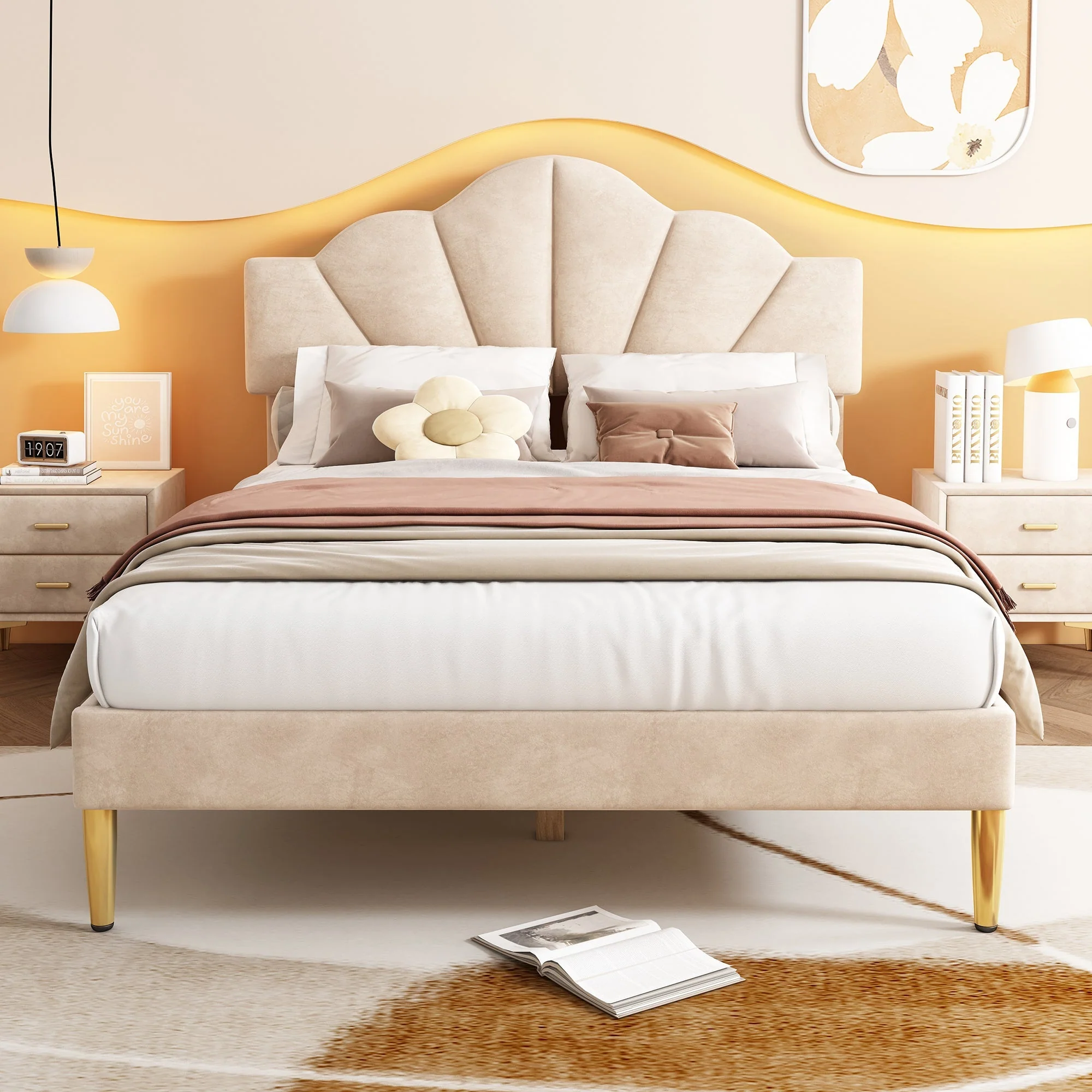 Velvet Upholstered Bed 140x190cm Shell Shape Adjustable Headboard Beige - Image 2