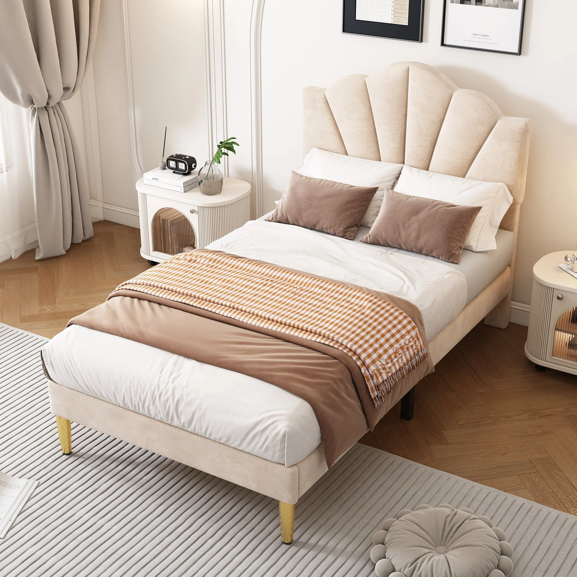 Velvet Upholstered Bed, Single Bed-3ft(90*190cm) with Shell-like Design, Golden Iron Legs, Height-Adjustable Headboard, Wooden Slatted Frame, Beige - Image 4
