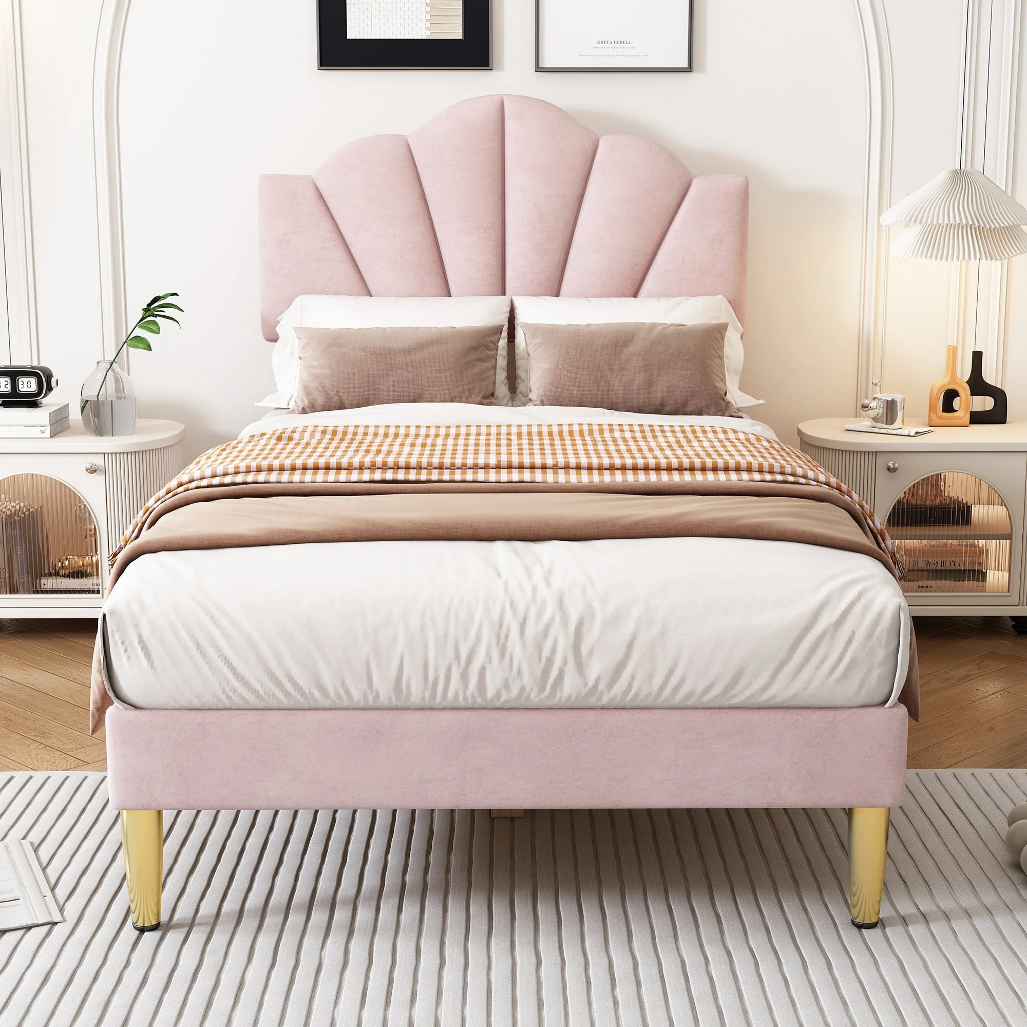 Velvet Upholstered Single Bed - 3ft (90*190cm) with Shell-like Design, Golden Iron Legs, Height-Adjustable Headboard, Wooden Slatted Frame, Pink - Image 6