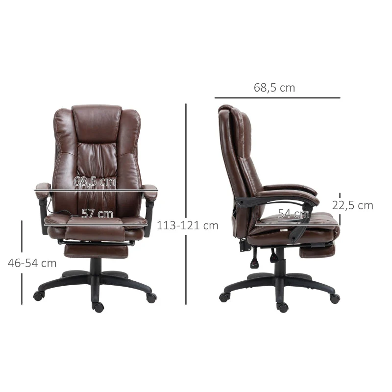Vinsetto Adjustable Swivel Chair with Footrest, Headrest, Massage Function, Faux Leather, Brown - Image 3