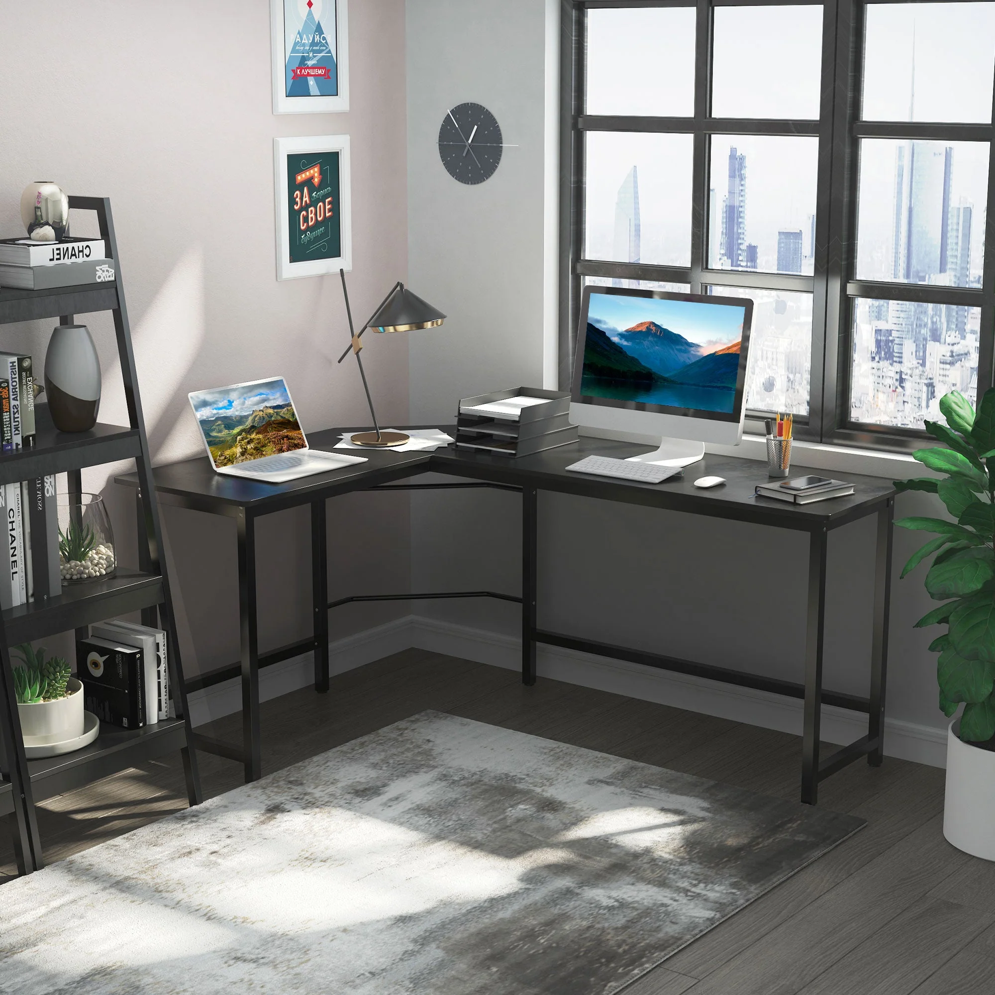 Vinsetto Corner Desk Height Adjustable, Metal Black