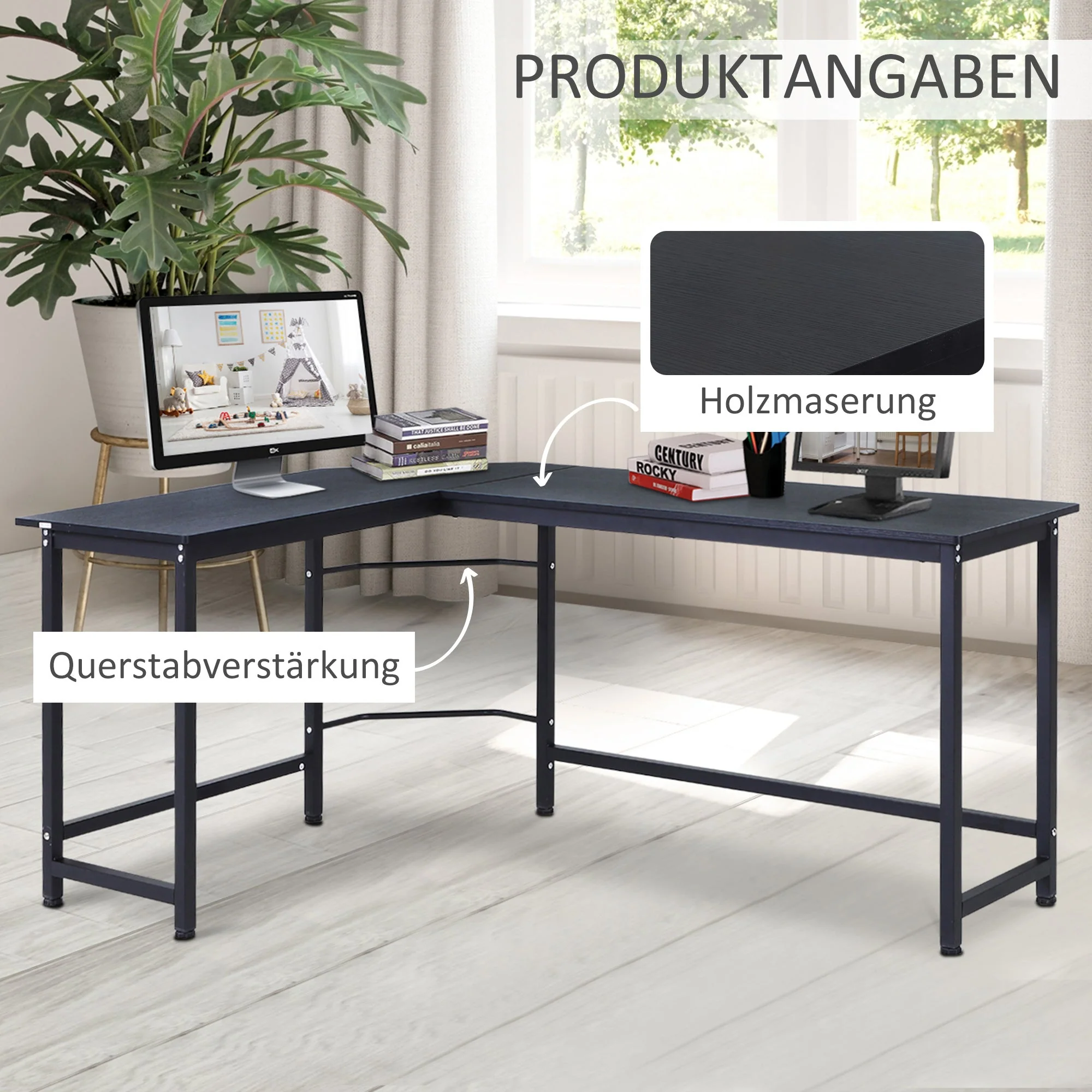 Vinsetto Corner Desk Height Adjustable, Metal Black - Image 6