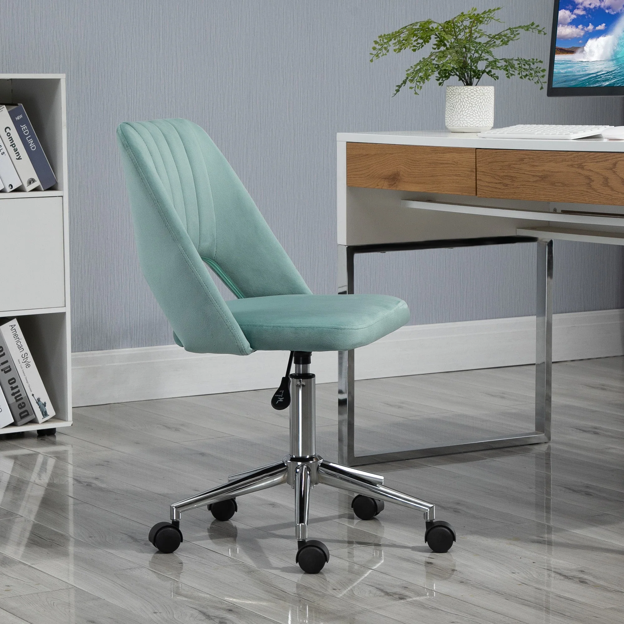 Vinsetto Desk Chair, Adjustable Swivel Office without Armrests, Green Velvet