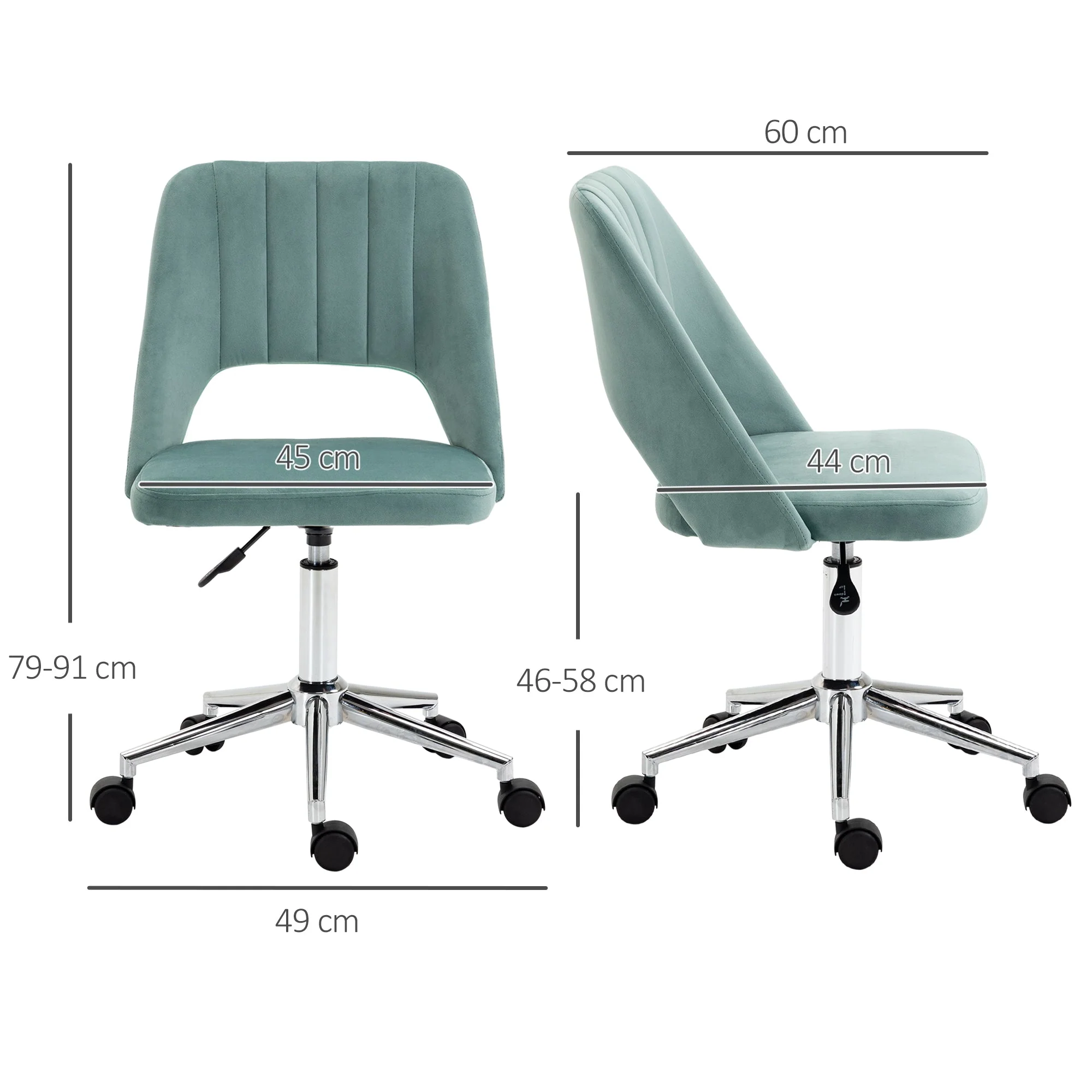 Vinsetto Desk Chair, Adjustable Swivel Office without Armrests, Green Velvet - Image 3
