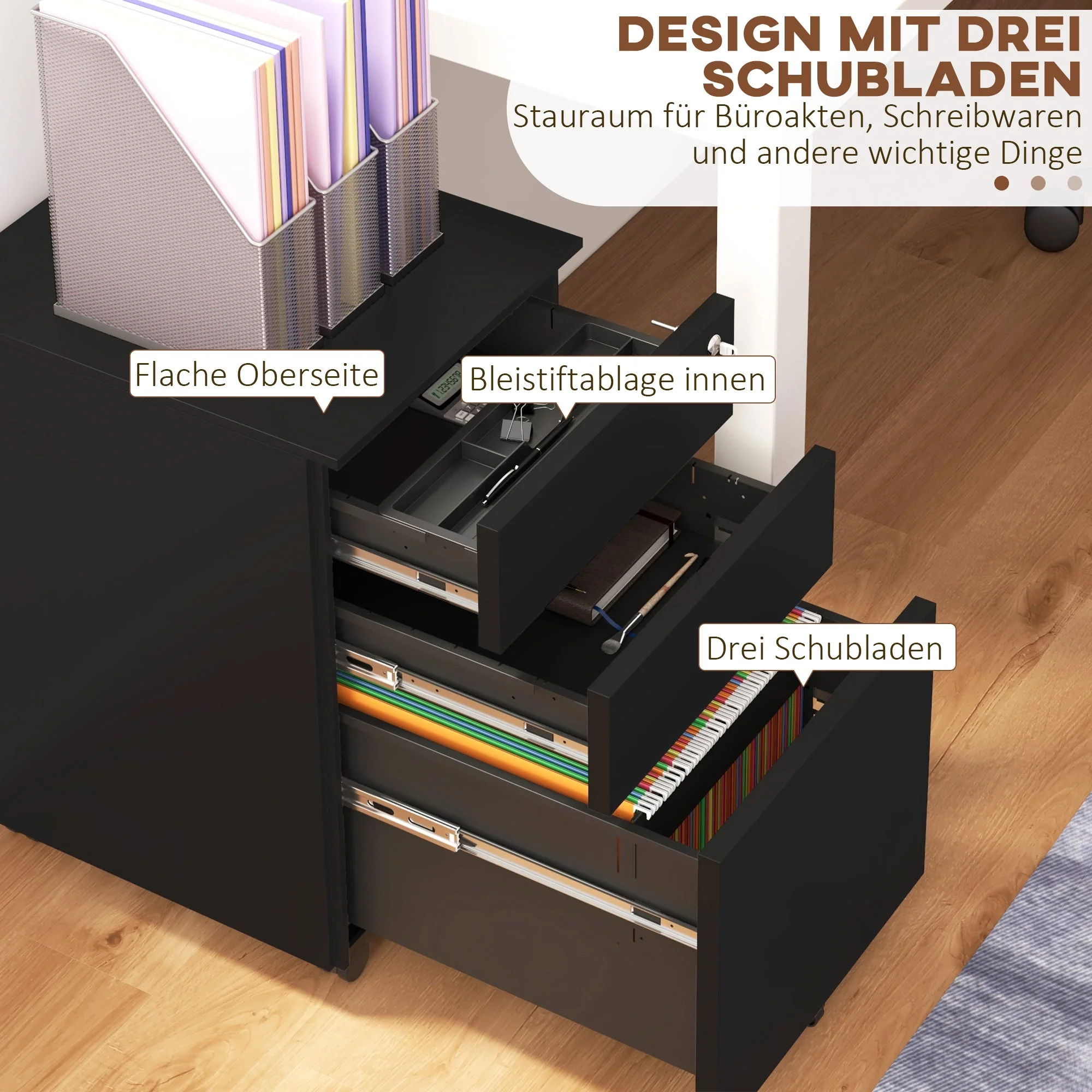 Vinsetto Filing Cabinet with Drawers, Mobile Steel, Black - Image 4