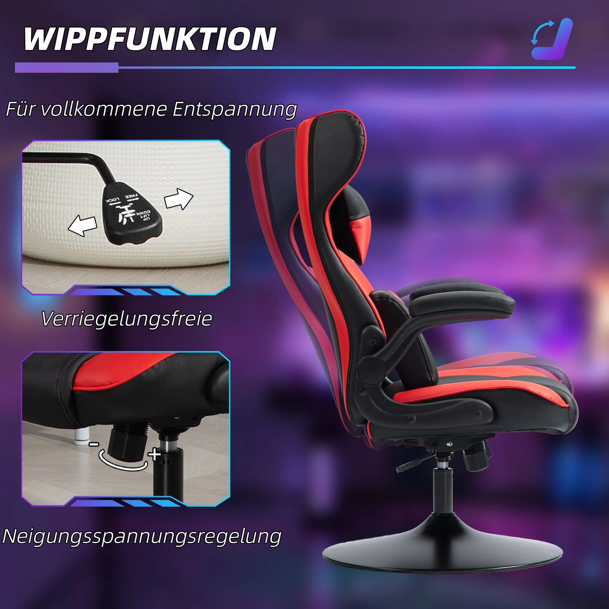 Vinsetto Gaming Chair with Rocker, Ergonomic, Height-Adjustable, Black + Red - Image 6