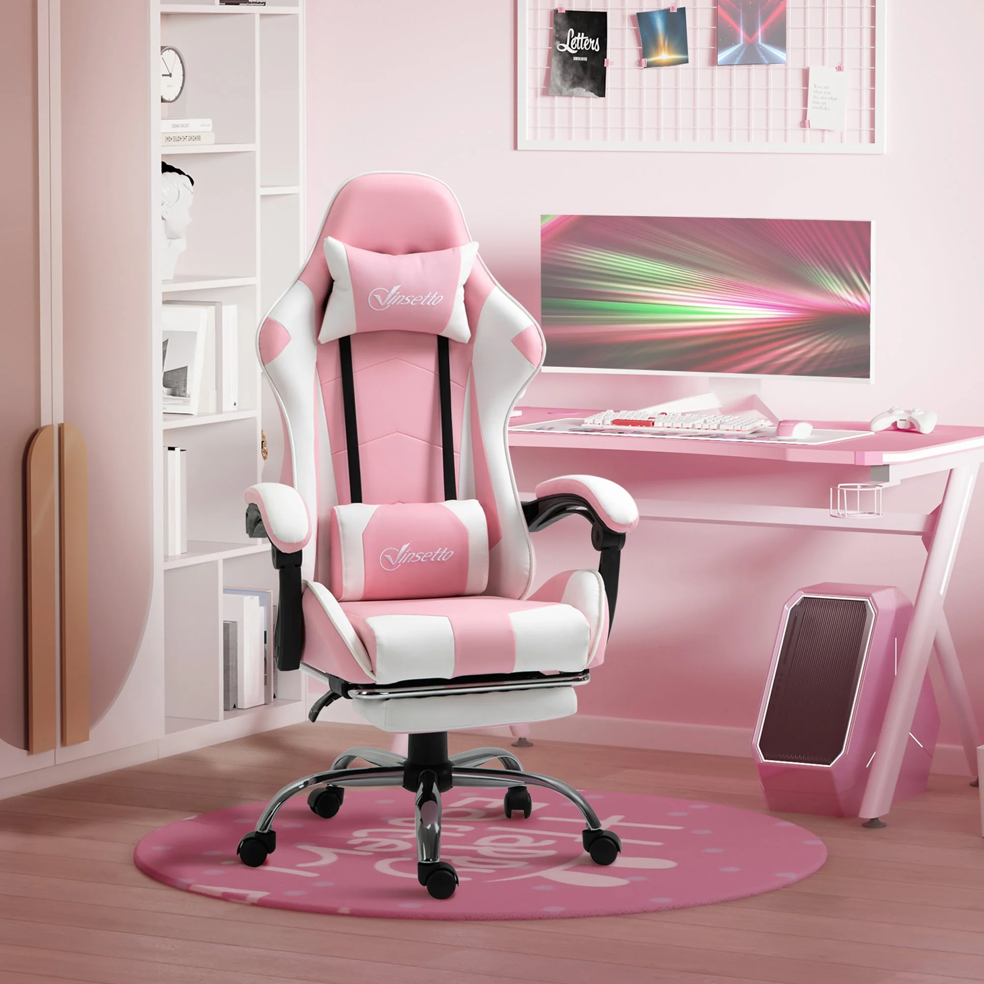 Vinsetto Gaming Computer Chair Ergonomic Office with Headrest Lumbar Cushion Pink+White - Image 2