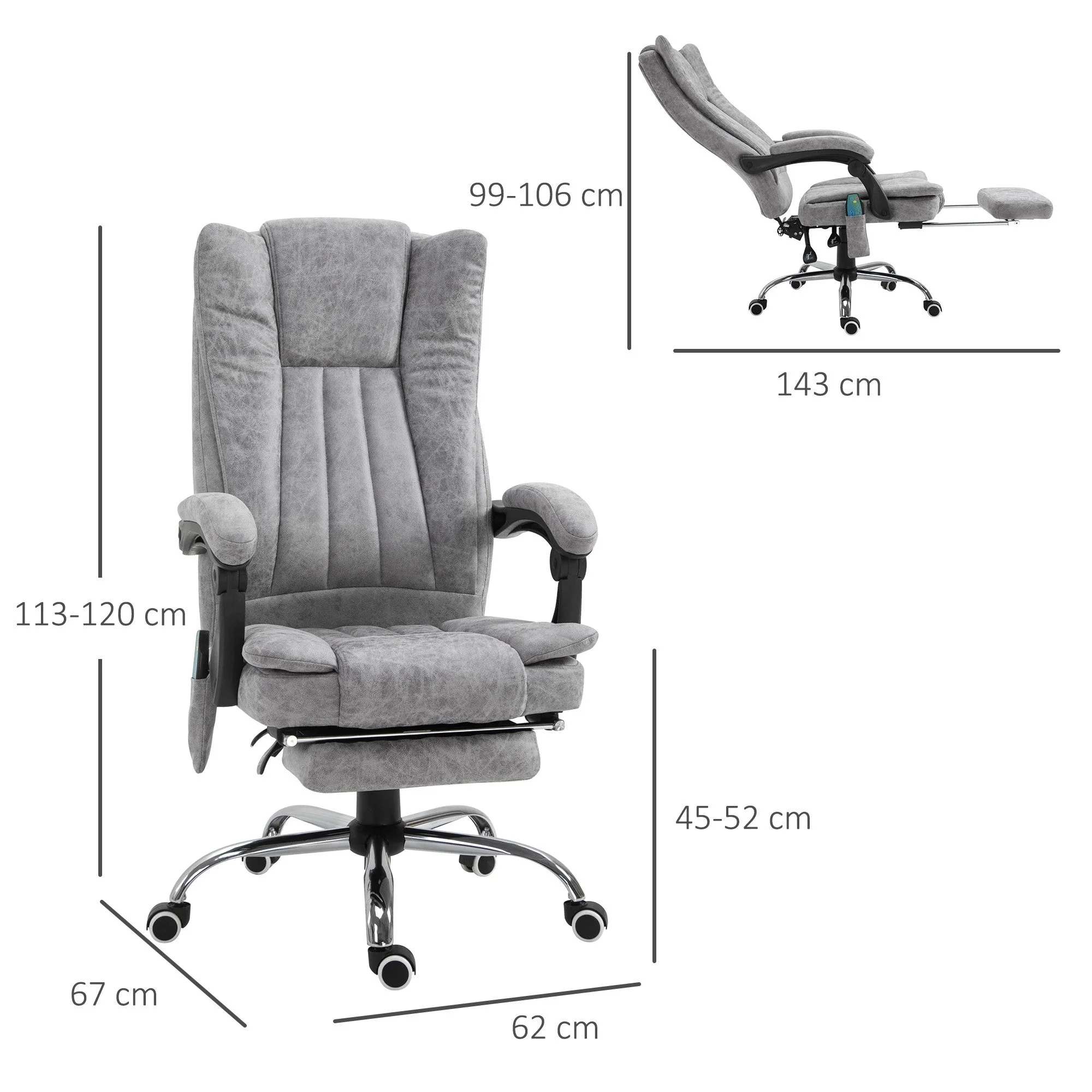 Vinsetto Massage Office Chair with Heat, Reclining, Footrest, Grey - Image 3