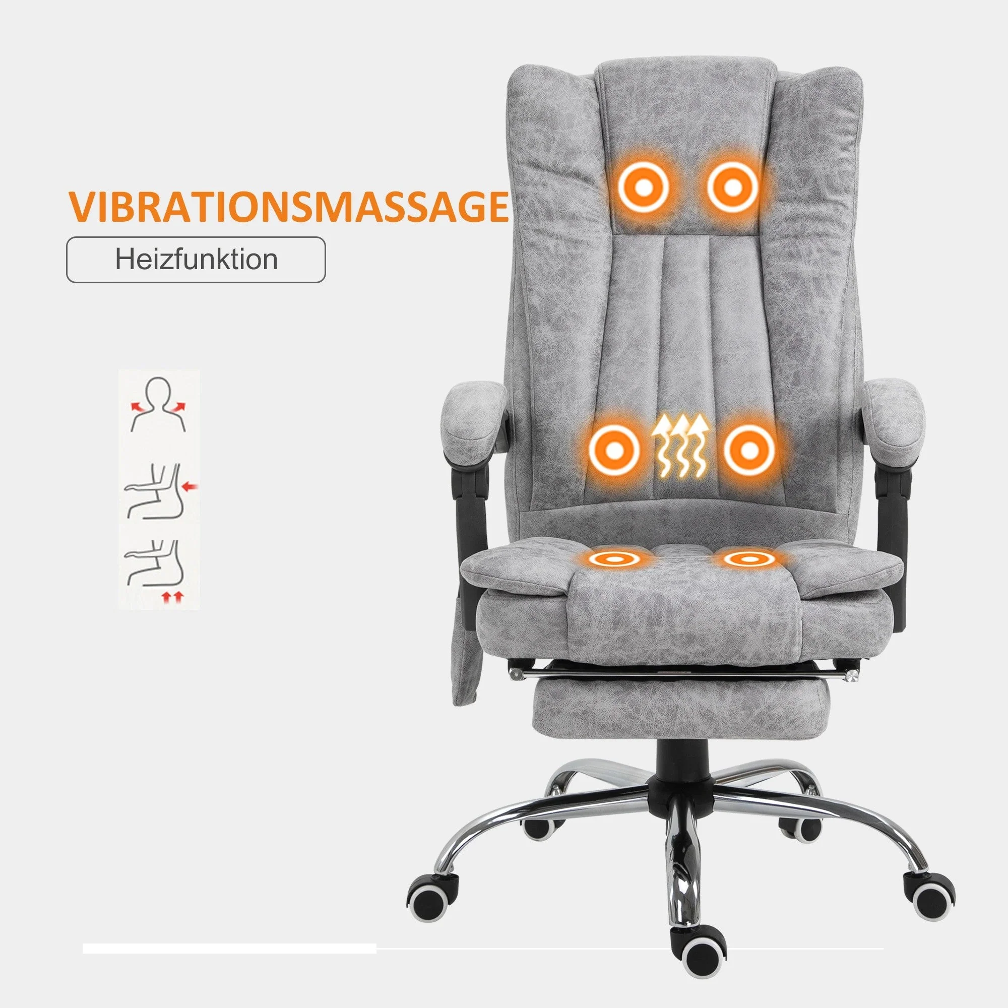 Vinsetto Massage Office Chair with Heat, Reclining, Footrest, Grey - Image 6