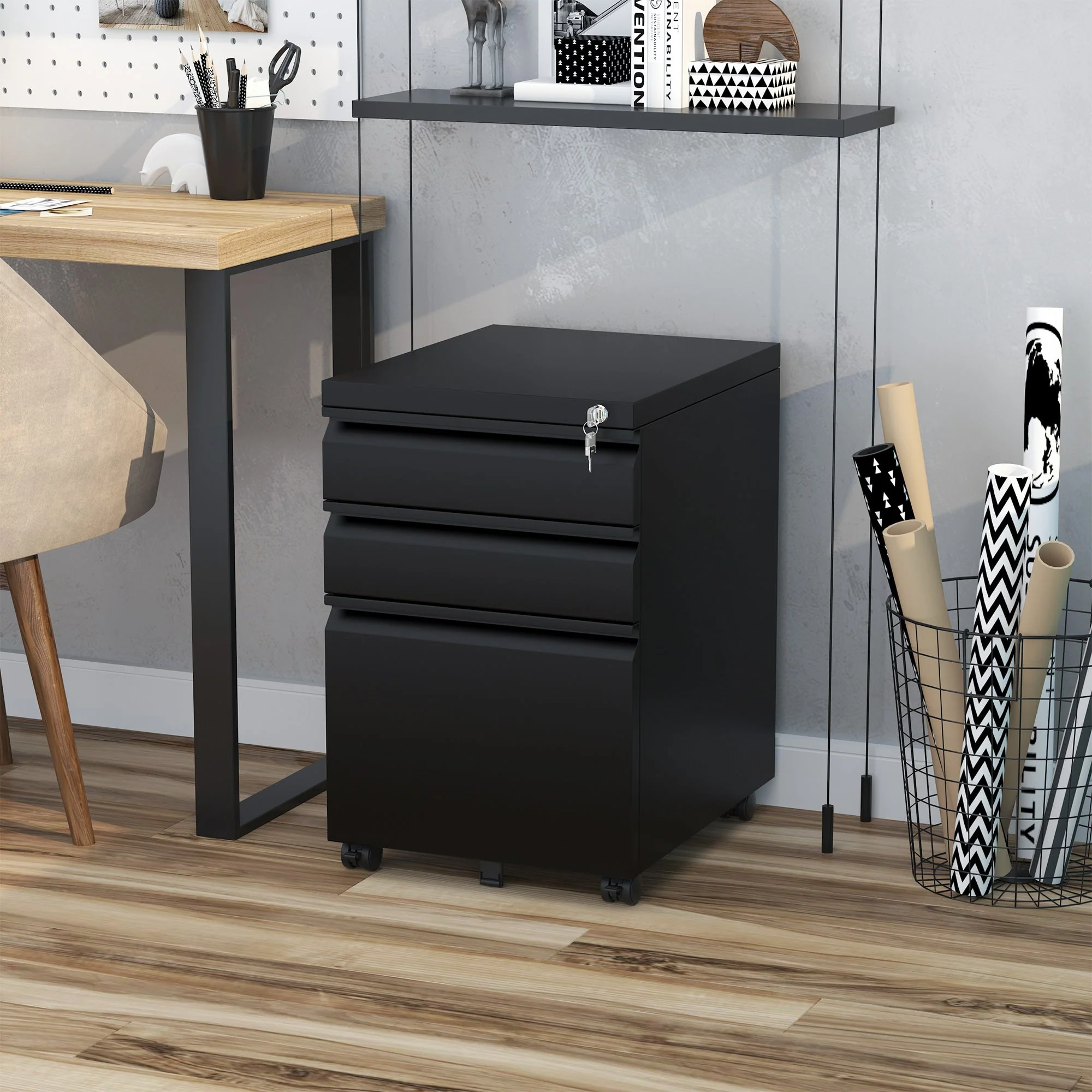 Vinsetto Office Cabinet, 3-Drawer Mobile Steel, Black - Image 2