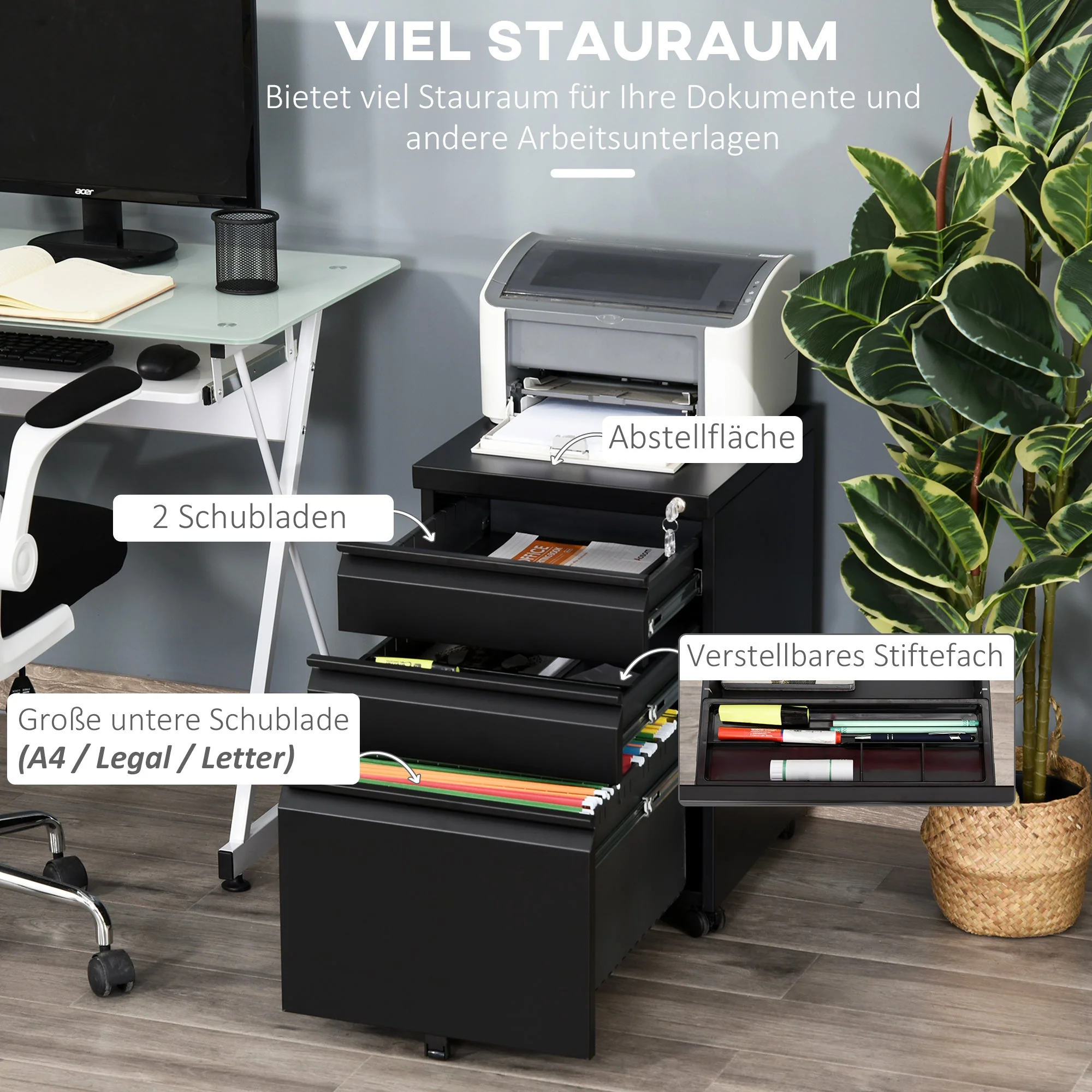 Vinsetto Office Cabinet, 3-Drawer Mobile Steel, Black - Image 4