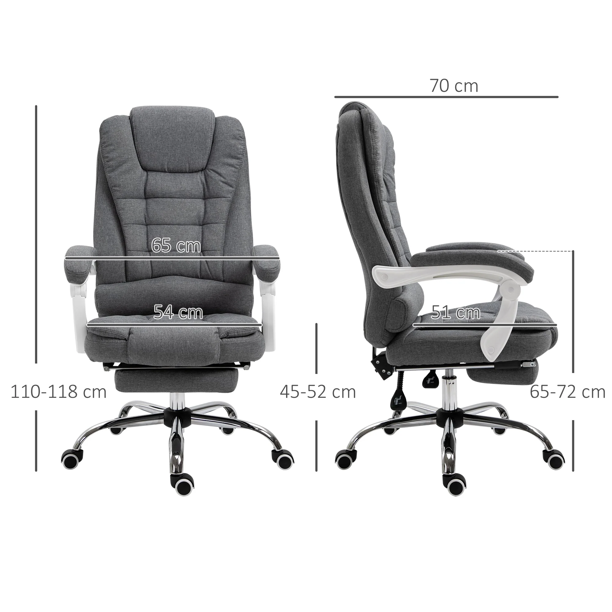 Vinsetto Office Chair Ergonomic Desk Chair, Foldable Footrest, Grey Metal - Image 3