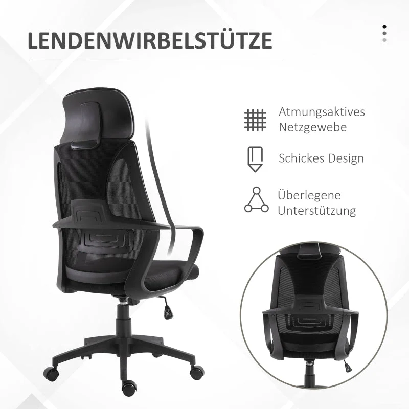 Vinsetto Office Chair, Ergonomic Desk Swivel with Armrests, Headrest, Lumbar, Mesh, Black - Image 4