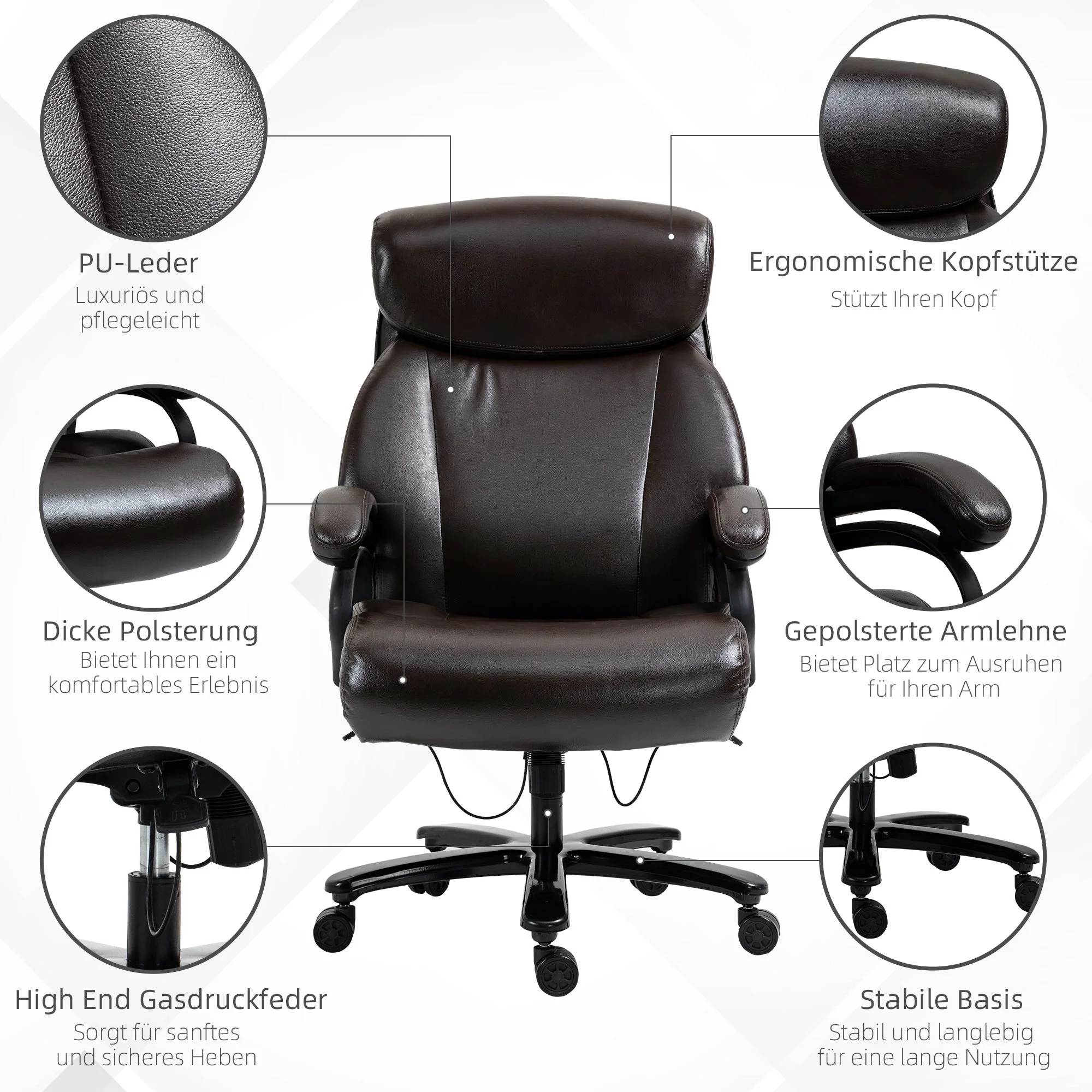 Vinsetto Office Chair, Ergonomic Height Adjustable, Thick Padding, 180 kg Capacity, Faux Leather - Image 6