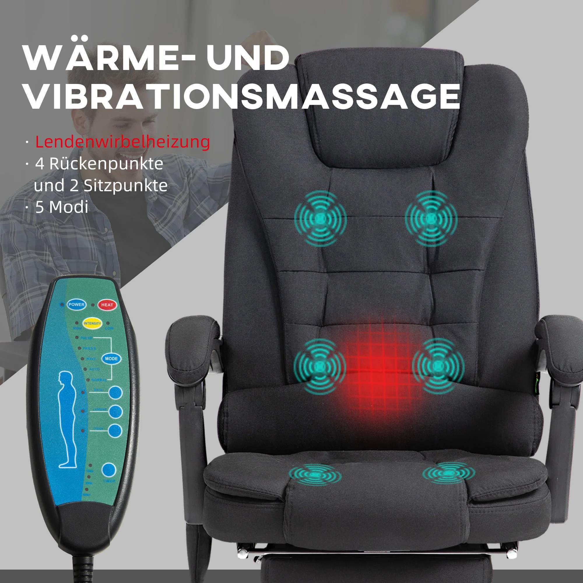 Vinsetto Office Chair, Massage Ergonomic Reclining Heating Footrest, Black - Image 4