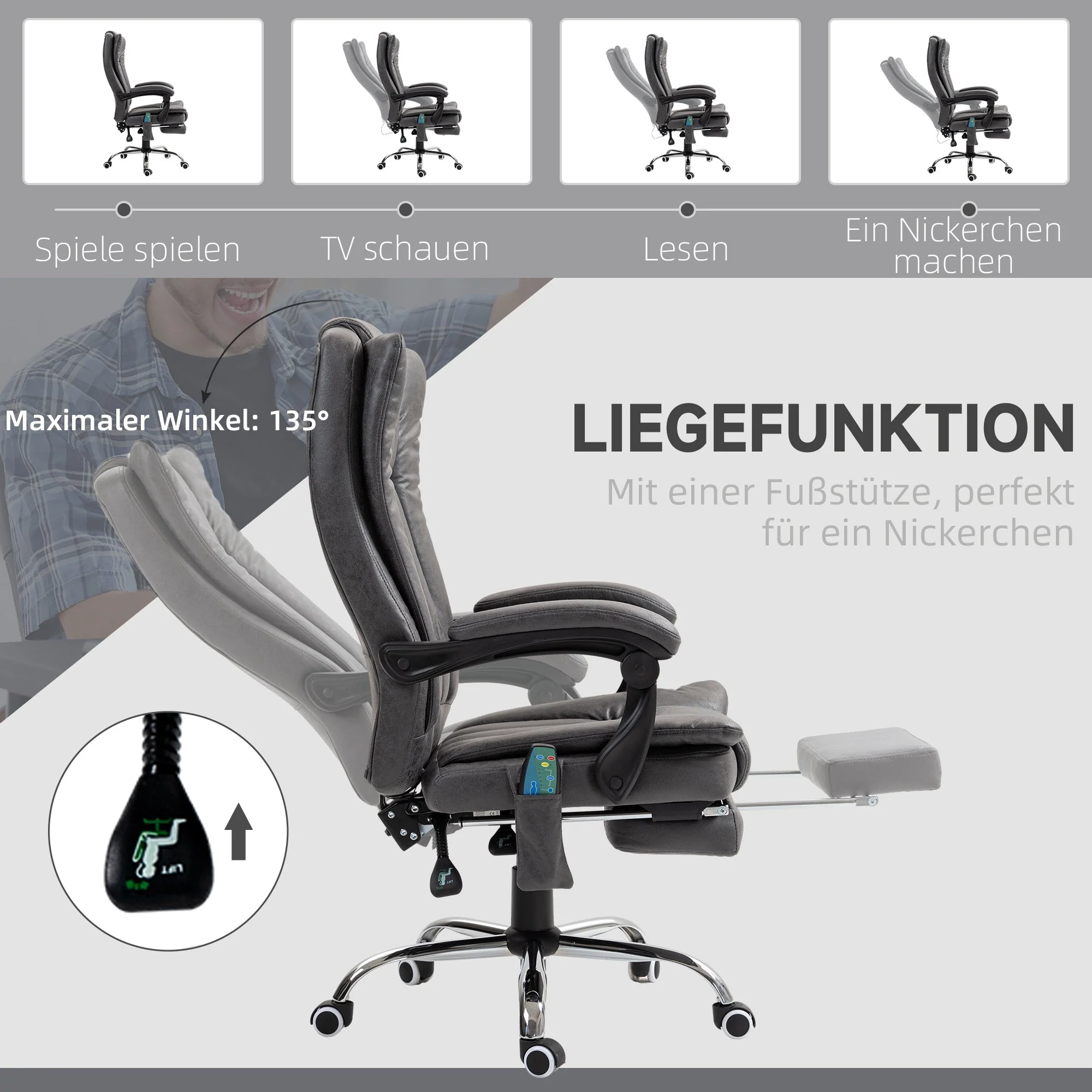 Vinsetto Office Chair with Massage & Heat, Adjustable Footrest, Grey - Image 8